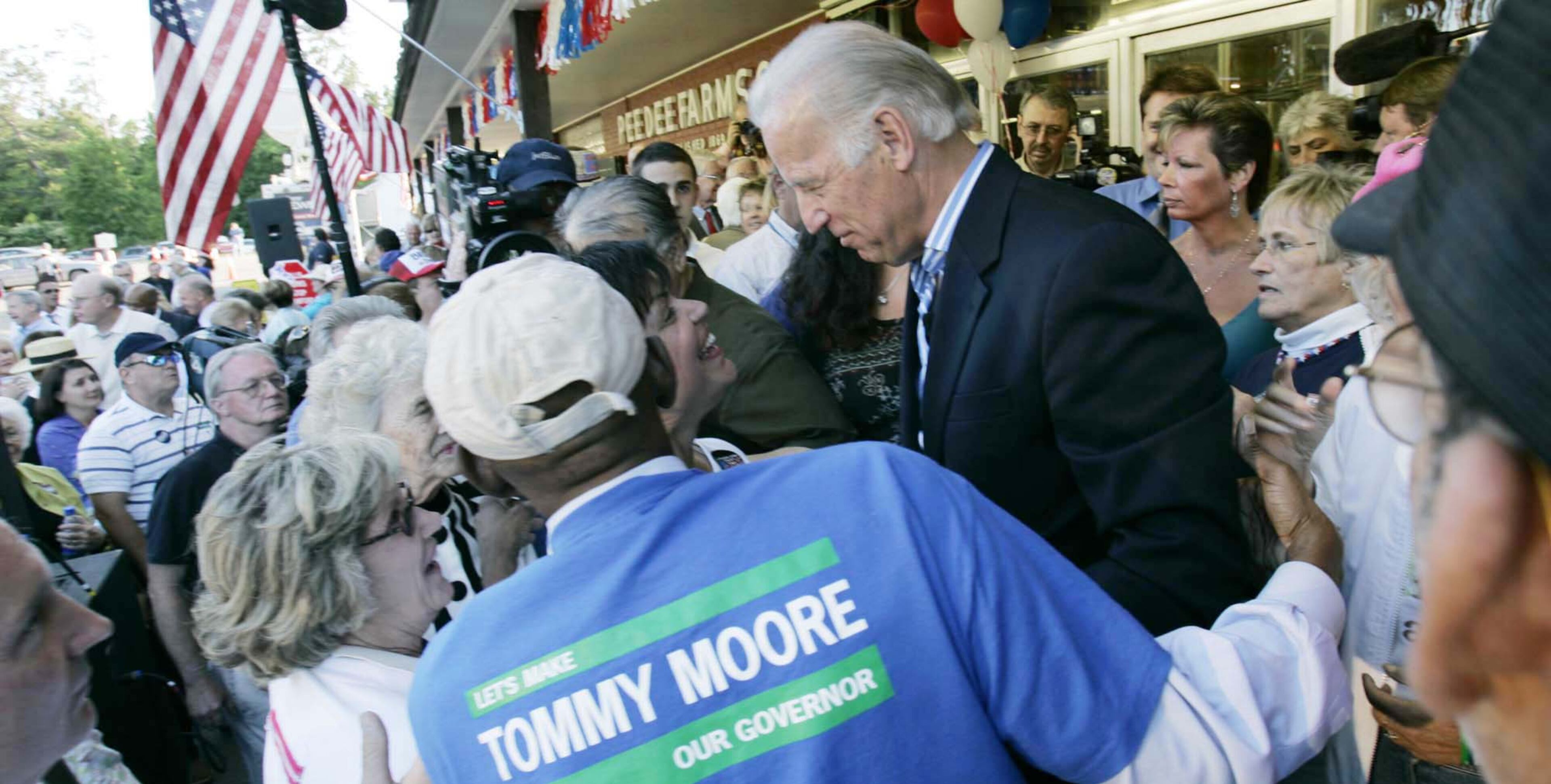 Sen. Joe Biden, D-Del., talks to supporters after making his speech during a Democratic Party stump Monday, May 1 2006, at Galivants Ferry, S.C. (AP Photo/Mary Ann Chastain)