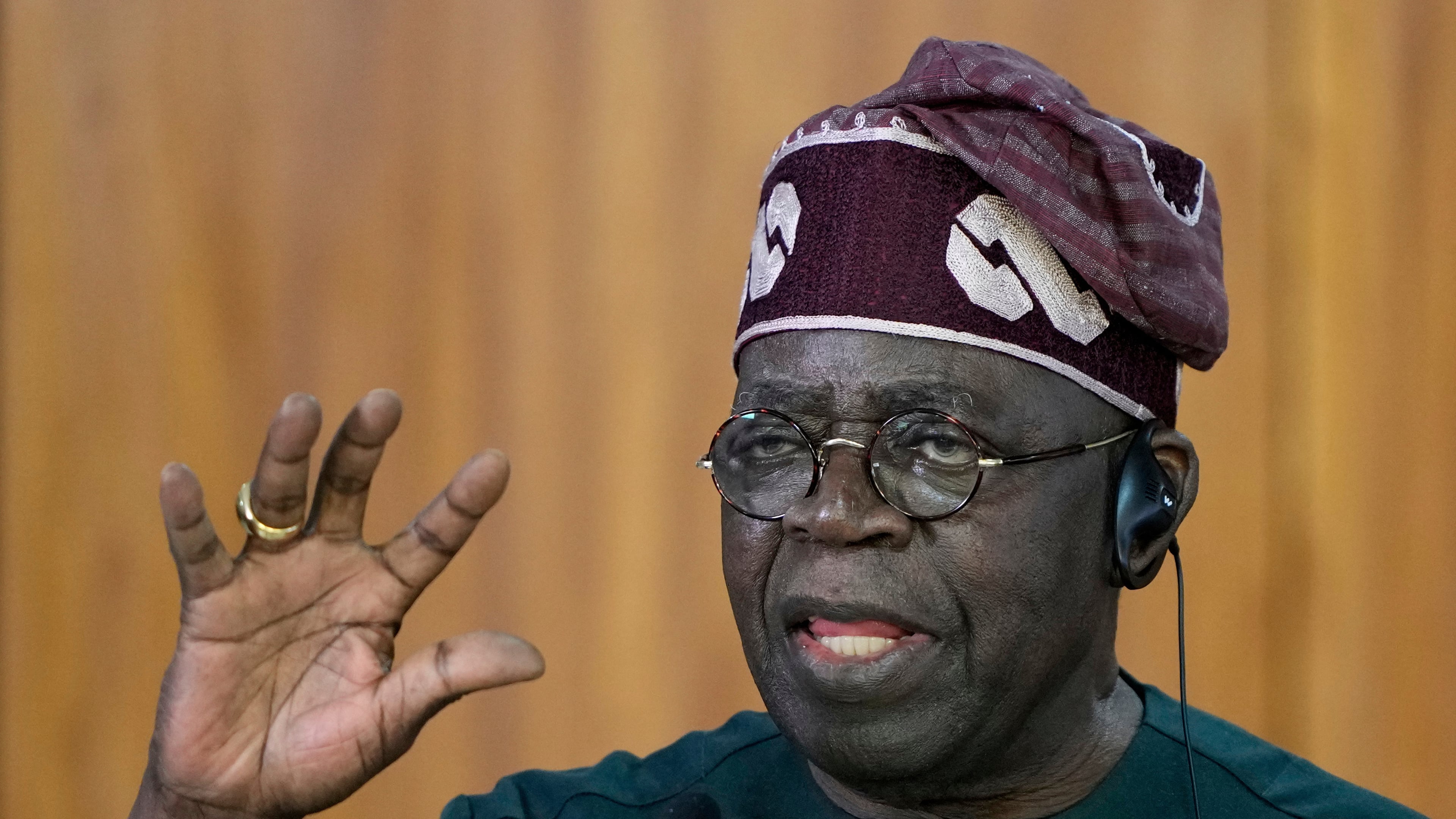 FILE - Nigeria's President Bola Tinubu gives a joint statement with Brazil's President Luiz Inacio Lula da Silva, at the Planalto presidential palace, in Brasilia, Brazil, Aug. 25, 2025. (AP Photo/Eraldo Peres, File)