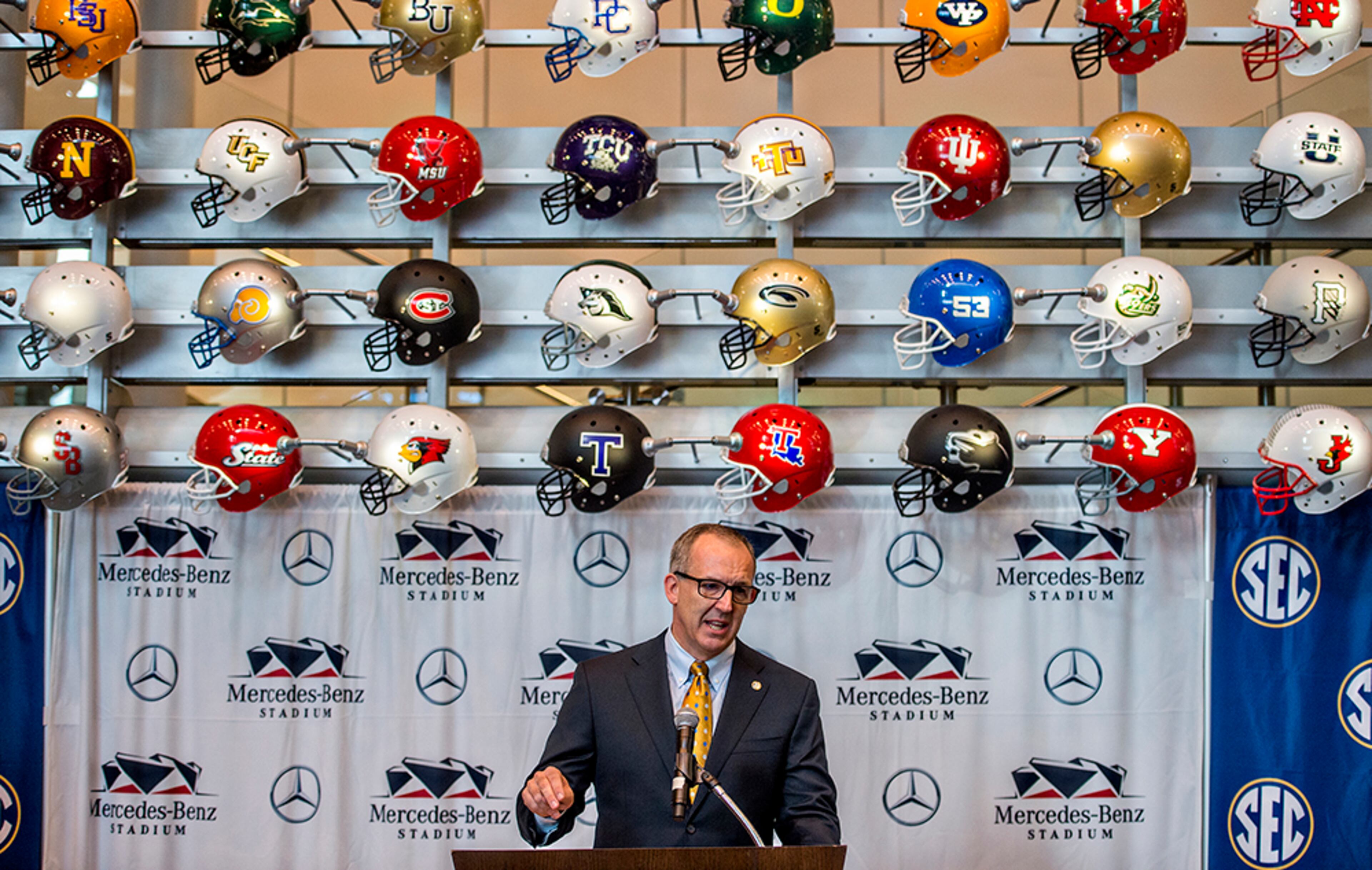 SEC Commissioner Greg Sankey speaks Tuesday during the press conference announcing a 10-year deal at the College Football Hall of Fame in Atlanta to play the SEC Championship game at Mercedes-Benz Stadium in Atlanta.
