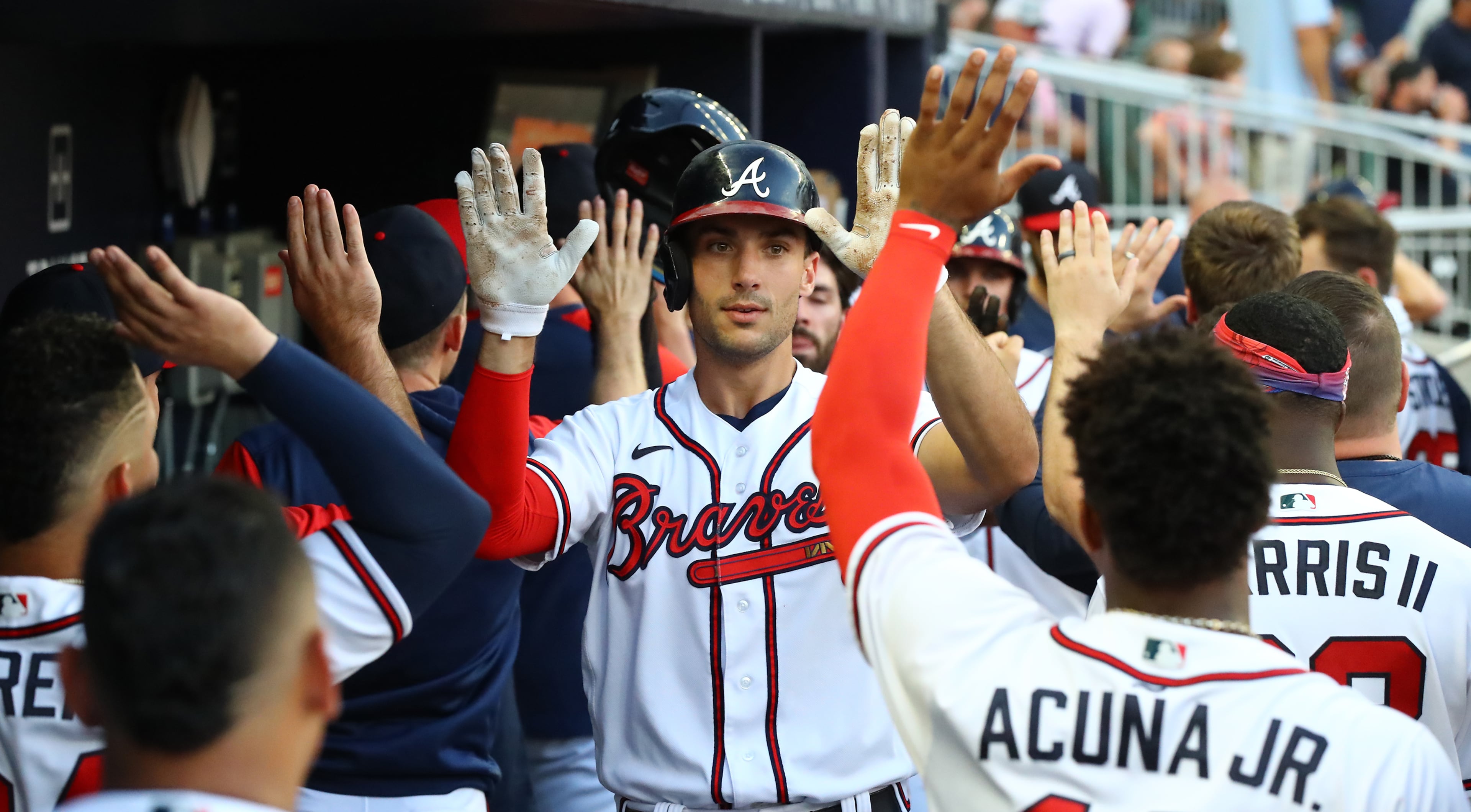 Braves first baseman Matt Olson gets five from teammates after hitting a 3-run homer to take a 5-4 lead over the San Francisco Giants during the third inning of a MLB baseball game on Tuesday, June 21, 2022, in Atlanta. “Curtis Compton / Curtis.Compton@ajc.com”