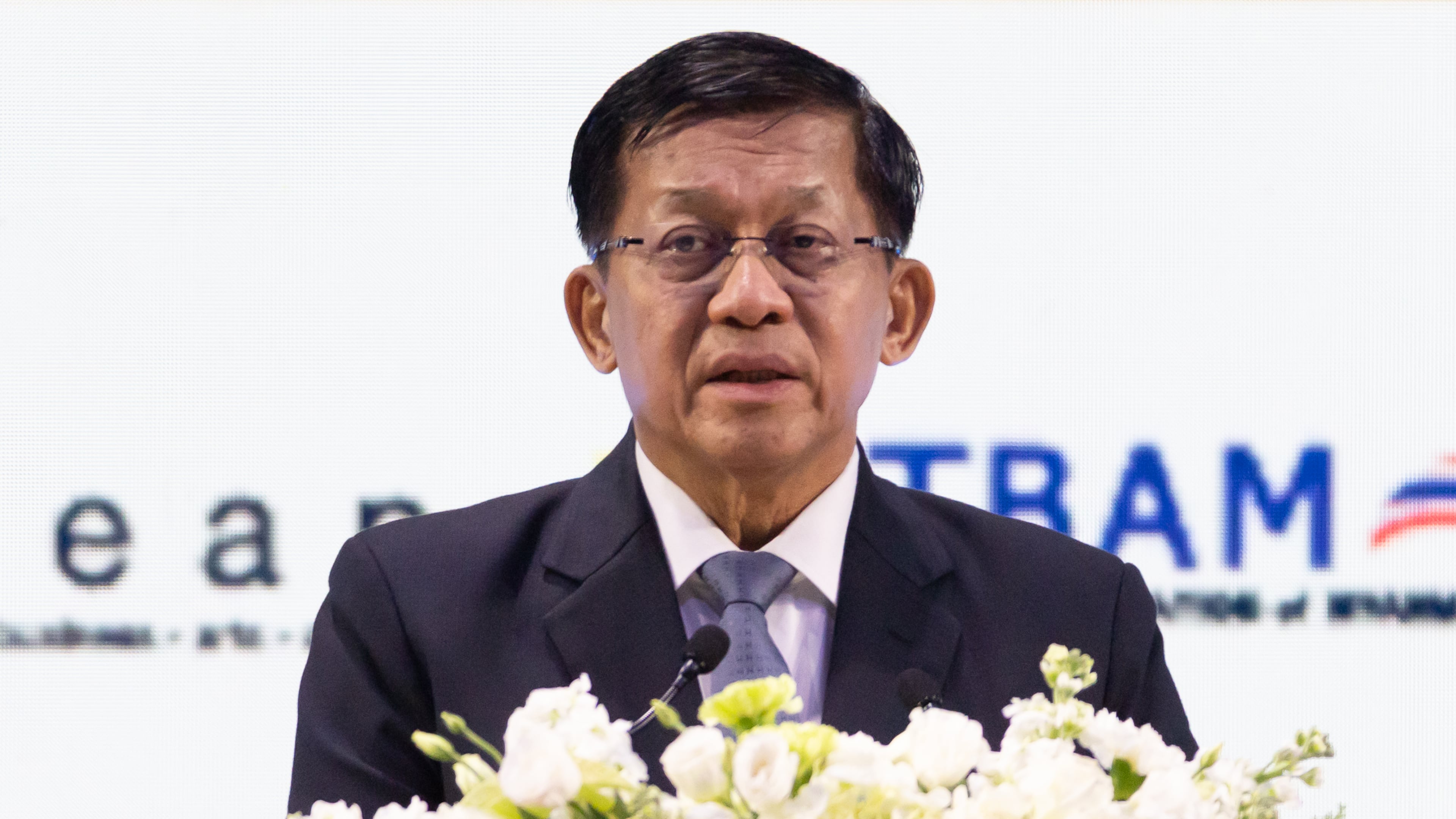 Myanmar President Min Aung Hlaing speaks during Thailand-Myanmar Business Forum in Bangkok, Thailand, Thursday, Aug. 6, 2026. (AP Photo/Wason Wanichakorn)