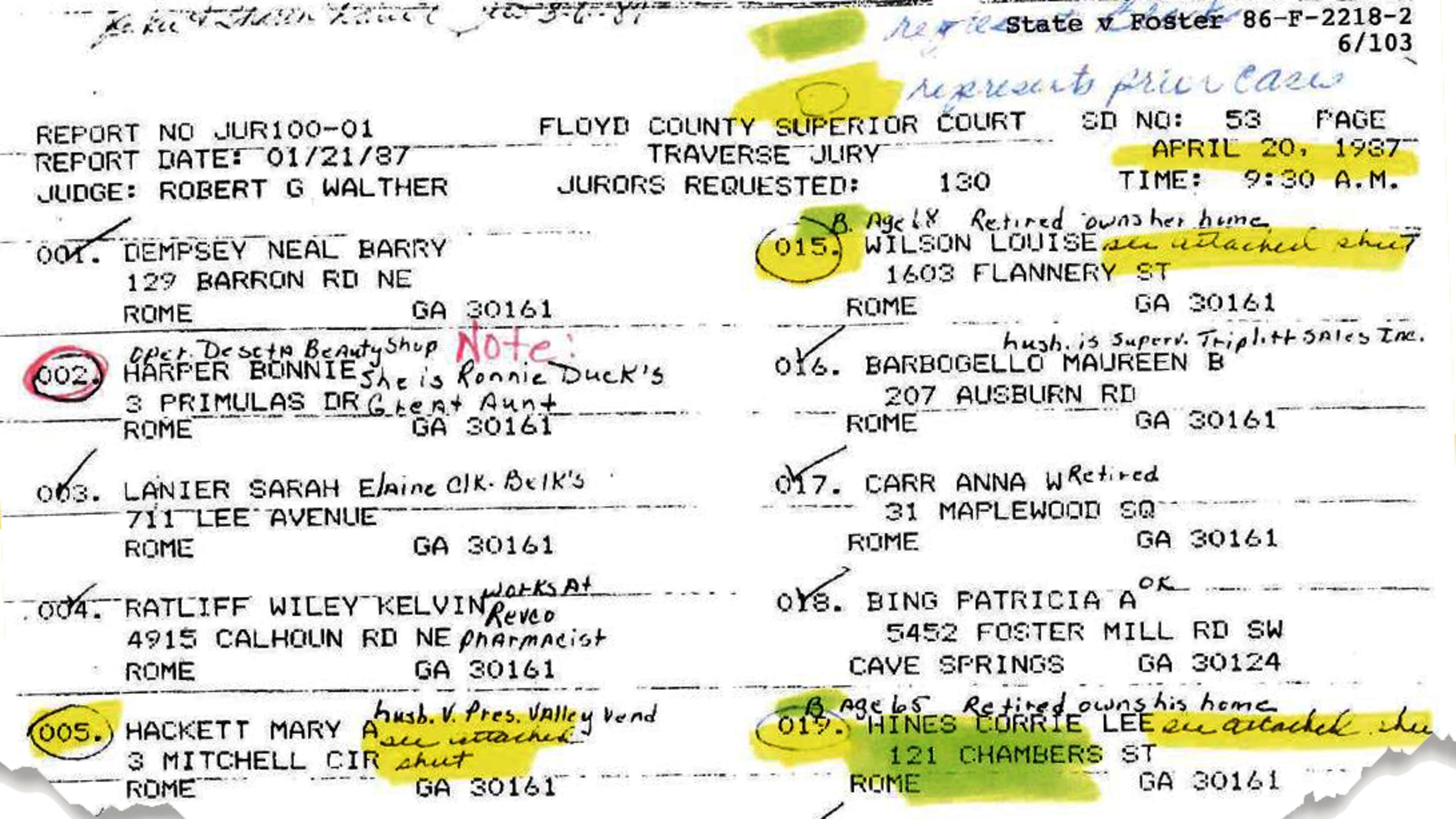 On their list of potential jurors, prosecutors in the Timothy Foster murder trial made notations of “B” to denote black jurors. All were eventually struck, and an all-white jury found Foster guilty and sentenced him to death in 1987. His contention that the prosecution violated the Constitution by striking jury members based on their race will be heard by the U.S. Supreme Court on Monday. (AJC file)