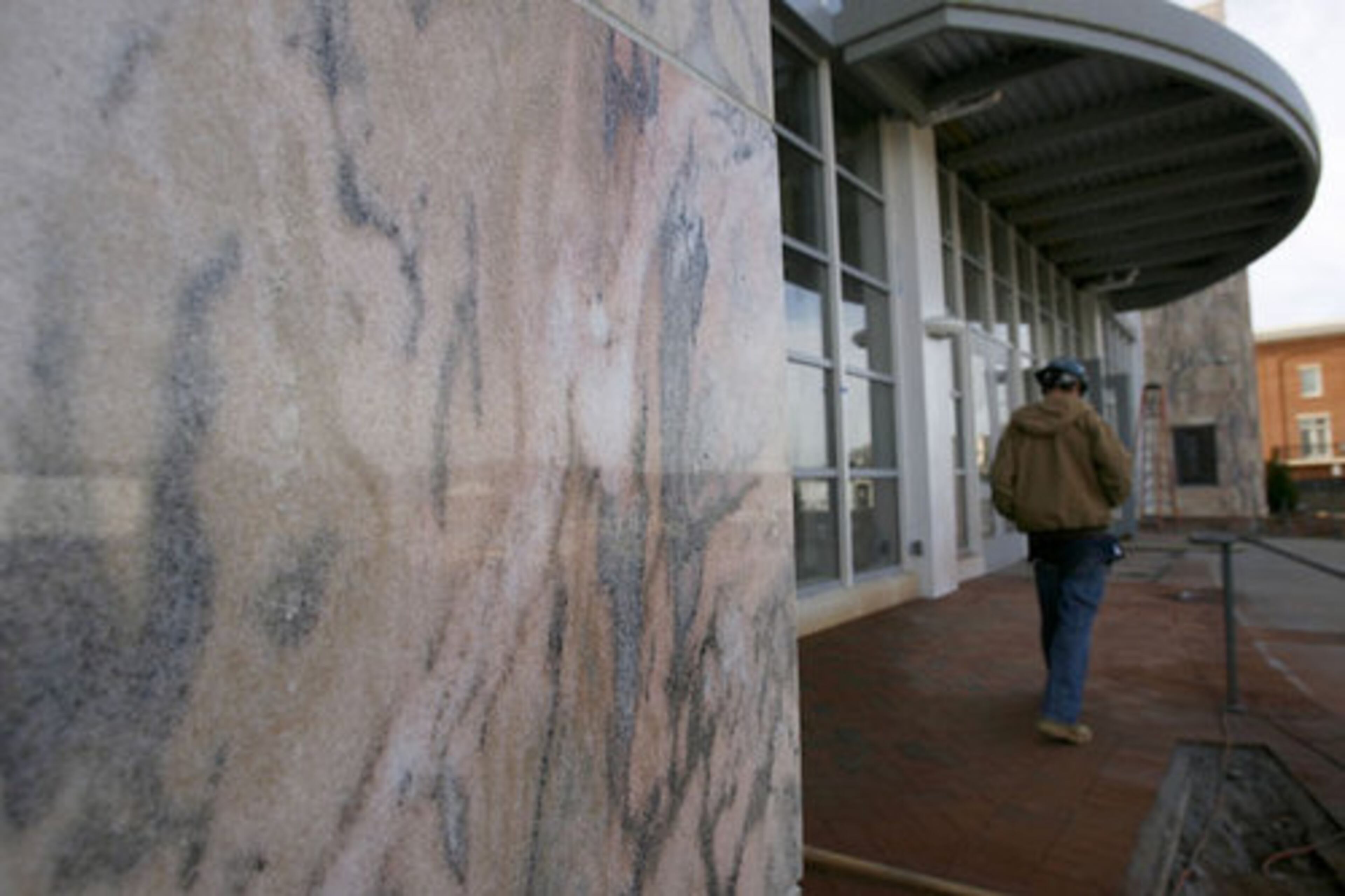 Material used in the construction of Suwanee's new City Hall include marble, aluminum, brick, glass, pre-cast concrete and steel.