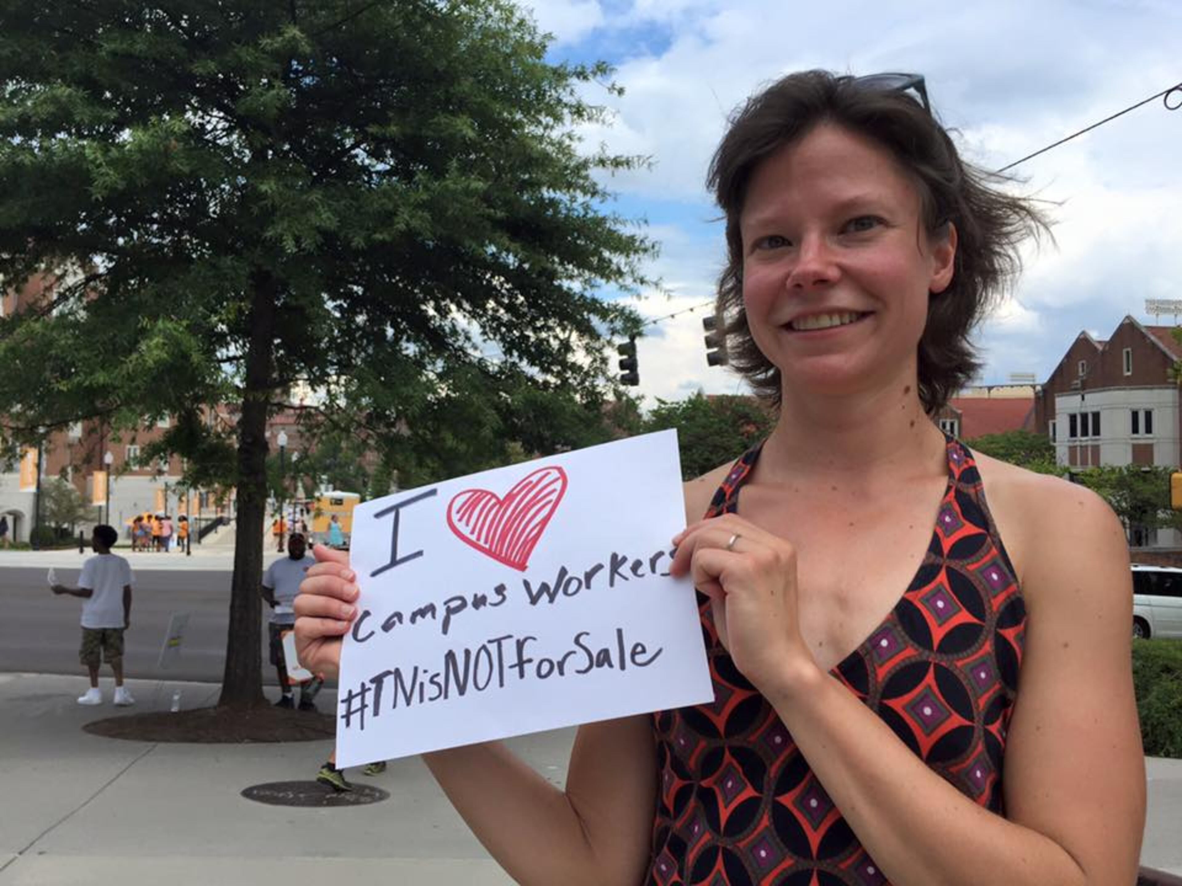 Sarah Eldridge in a photo featured on the “Tennessee is NOT for Sale” Facebook page in her work as a union member of the United Campus Workers of Tennessee. (Family photo)