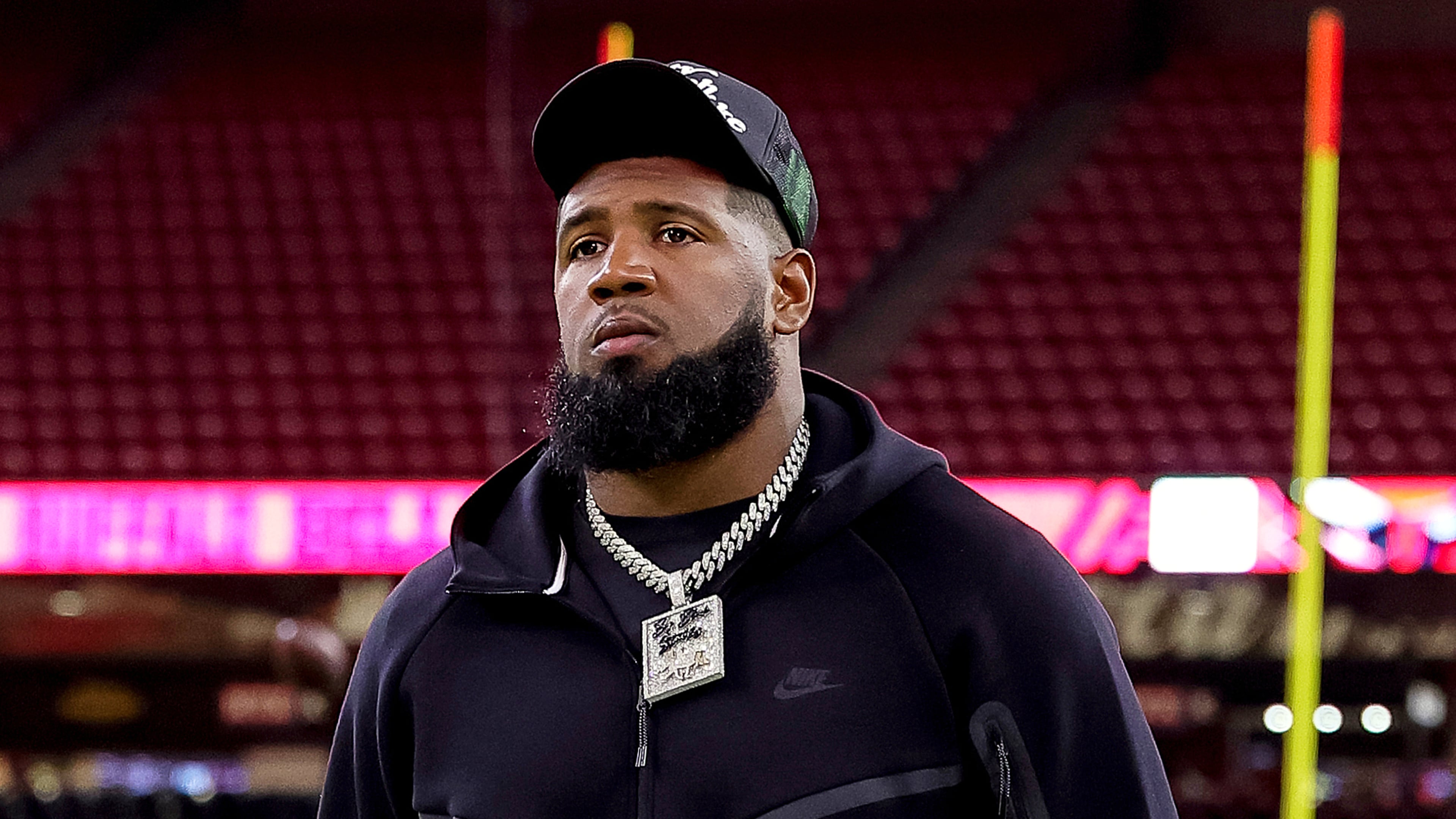 FILE - Buffalo Bills defensive tackle Ed Oliver arrives for an NFL football game against the Houston Texans, Nov. 20, 2025, in Houston. (AP Photo/Maria Lysaker, File)