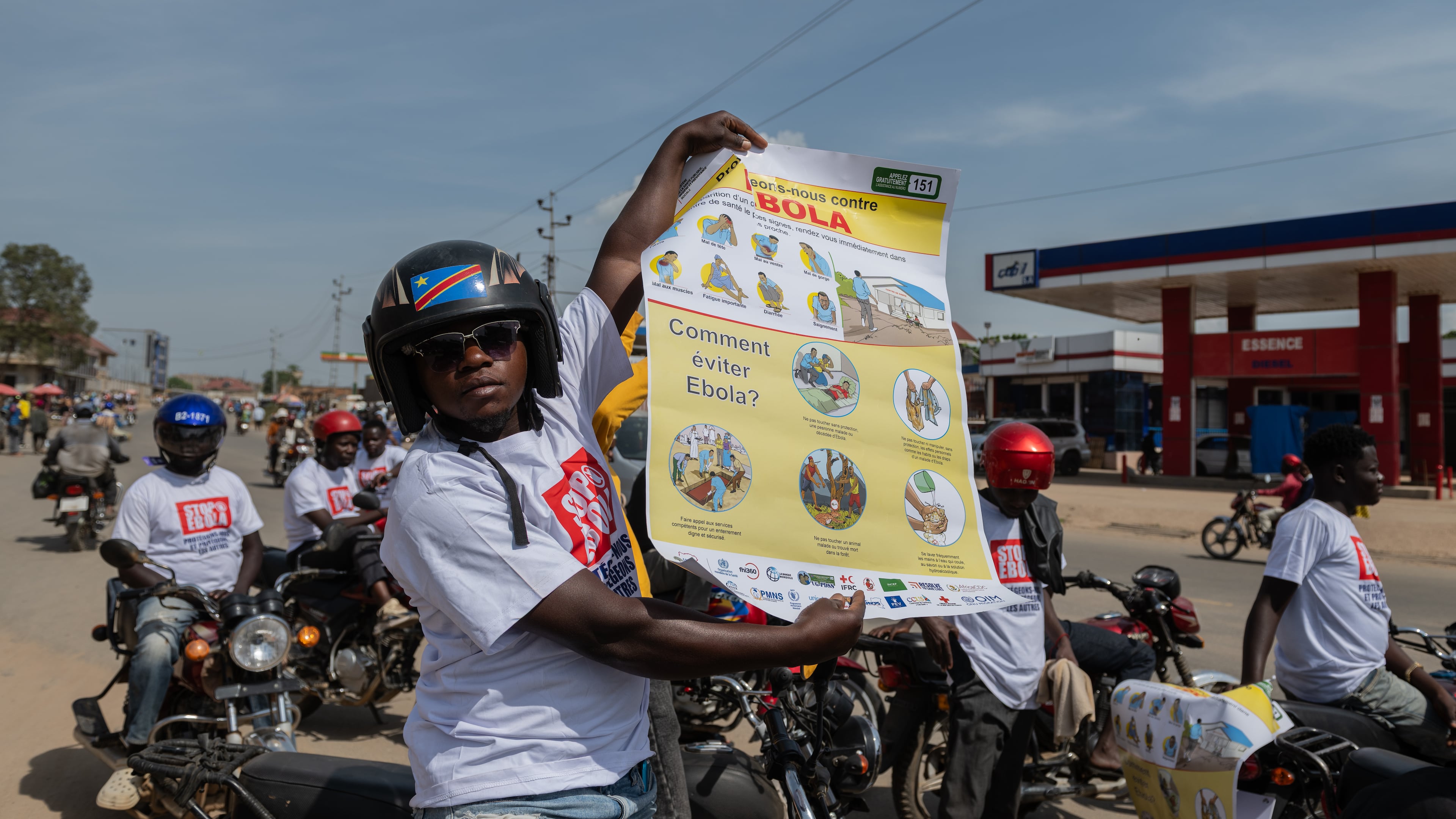 Motorcyclists join an awareness campaign organized by the World Health Organization (WHO) to combat Ebola in Bunia, Congo, Wednesday, June 10, 2026. (AP Photo/Moses Sawasawa)