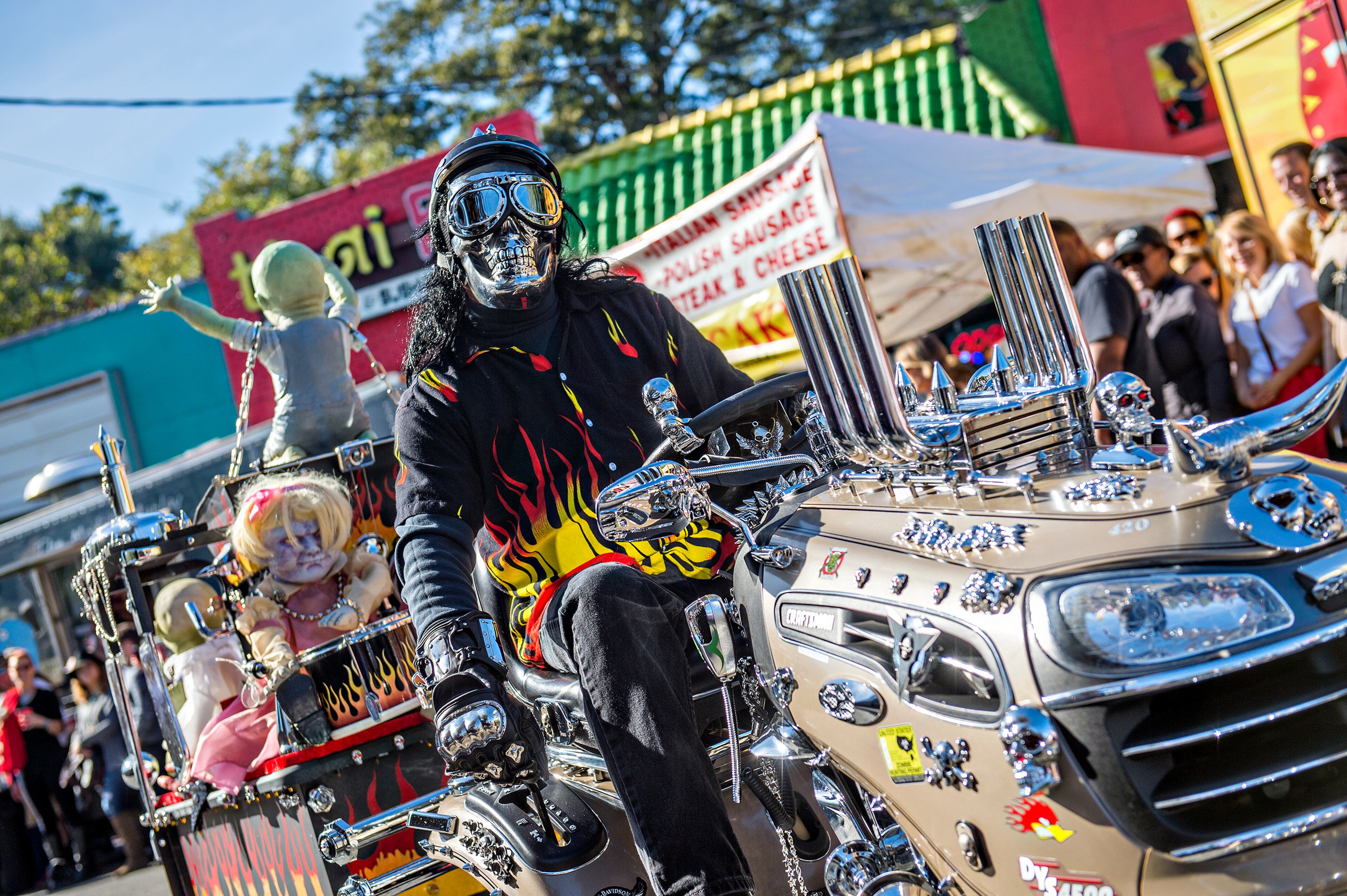 October 17, 2015 Atlanta - Jeff Schott rides his lawnmower up the street during the Little Five Points Halloween Parade in Atlanta on Saturday, October 17, 2015. The annual parade brings out tens of thousands of people to watch the antics. JONATHAN PHILLIPS / SPECIAL
