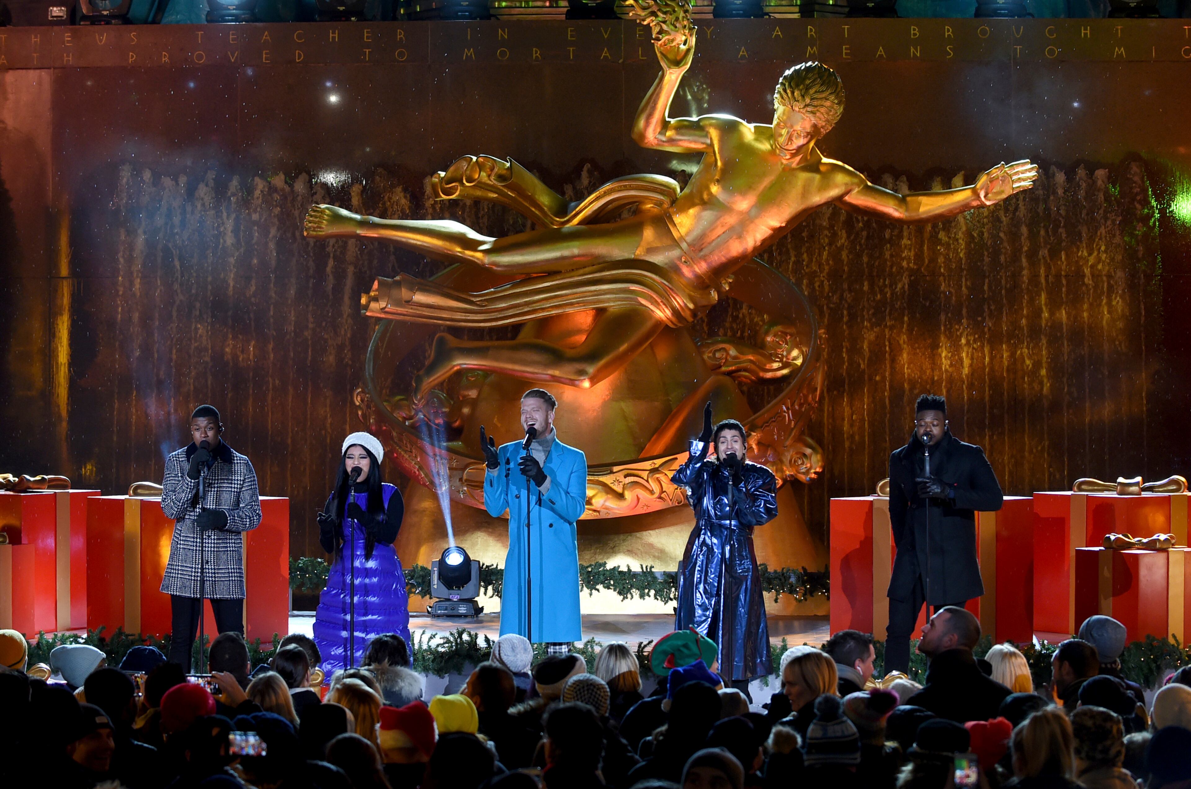 IMAGE DISTRIBUTED FOR TISHMAN SPEYER - The group Pentatonix performs at the 2018 Rockefeller Center Christmas Tree Lighting Ceremony, Wednesday, Nov. 28, 2018, in New York. (Diane Bondareff/AP Images for Tishman Speyer)