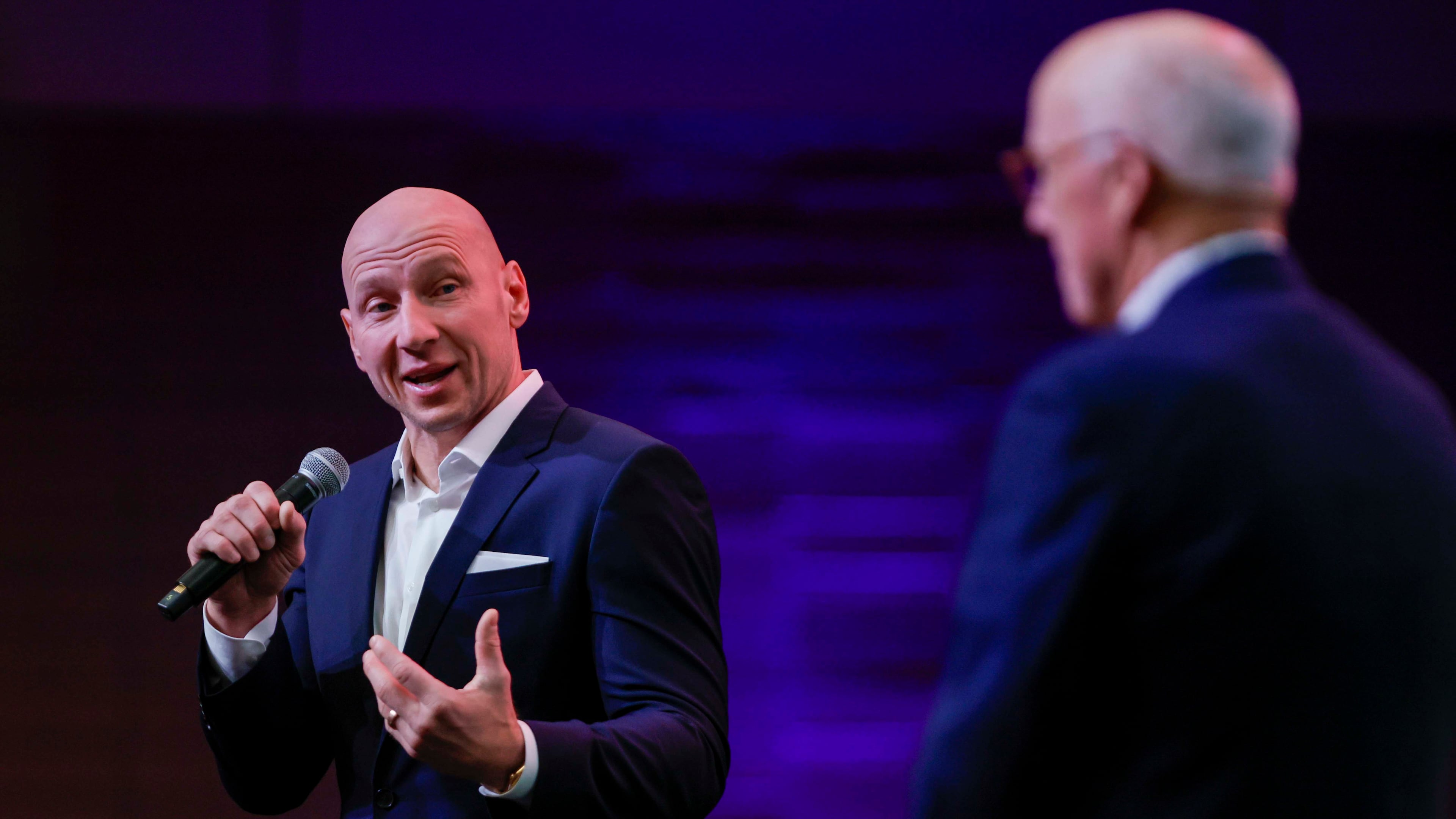 Former Atlanta United goalkeeper Brad Guzan answers questions from 2026 Board Chair Rich McKay during the Metro Atlanta Chamber’s annual meeting at the College Football Hall of Fame on Thursday, Nov. 13, 2025, in Atlanta. (Miguel Martinez/AJC)
