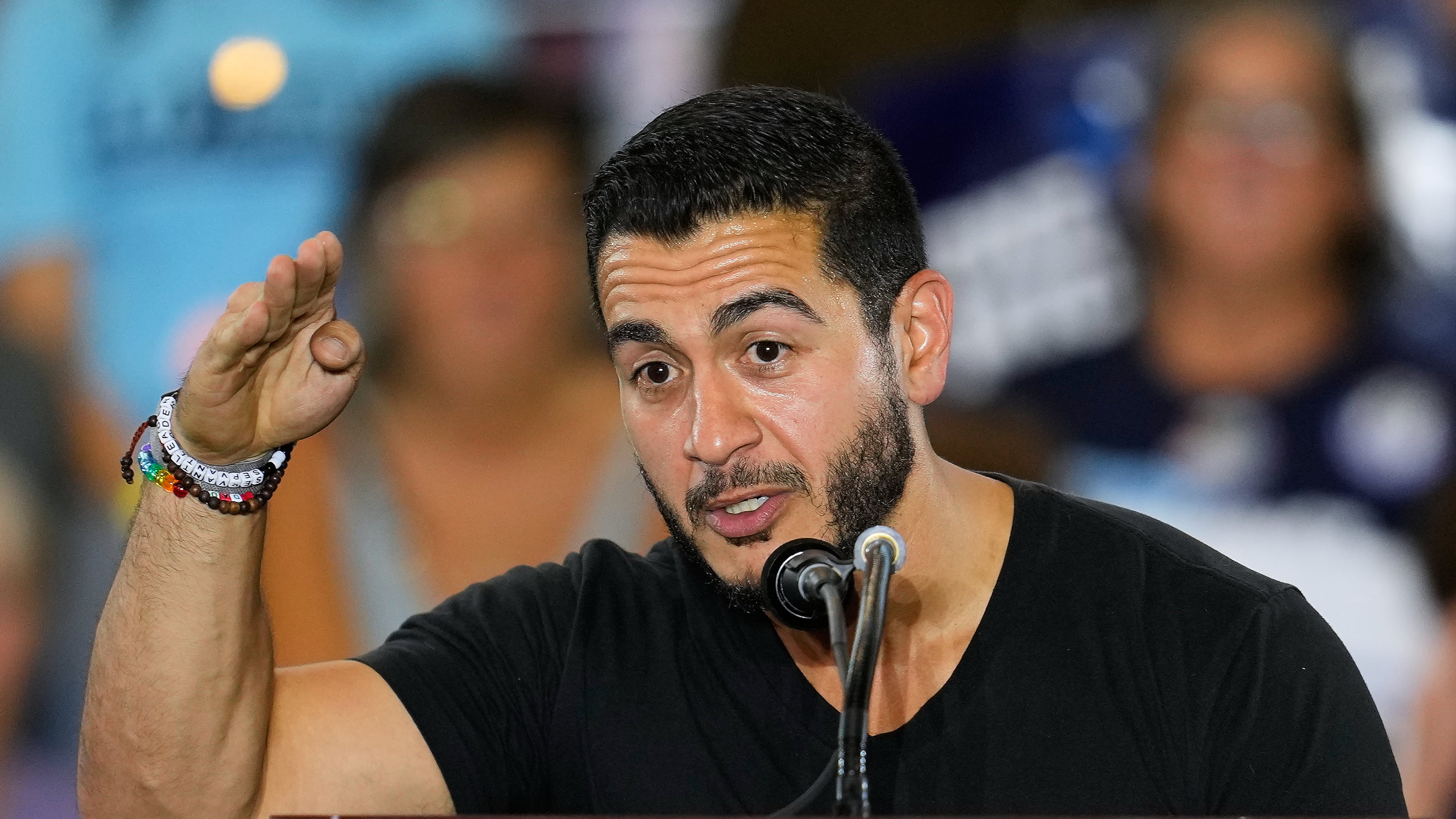 Democratic nominee for U.S. Senate Abdul El-Sayed Speaks at a General Election Kickoff Rally for Michigan Demcrats at Renaissance High School Friday, Aug. 7, 2026, in Detroit. (AP Photo/Paul Sancya)