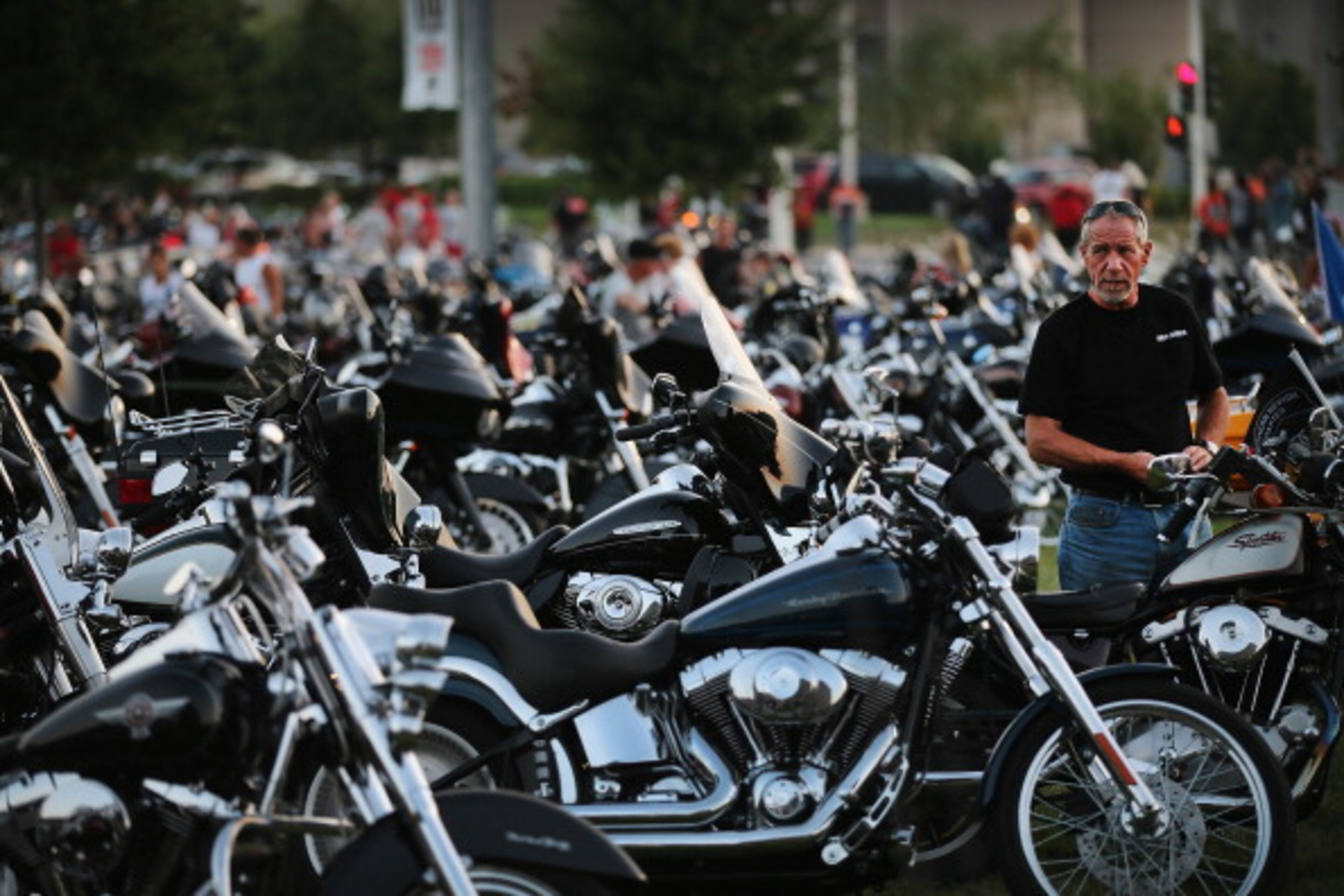 MILWAUKEE, WI - AUGUST 29: Motorcycle enthusiasts begin to arrive for Harley Davidson's 110th anniversary celebration on August 29, 2013 in Milwaukee, Wisconsin. More than 100,000 people are expected for the four-day celebration which features concerts, a parade, street parties and other events. (Photo by Scott Olson/Getty Images)