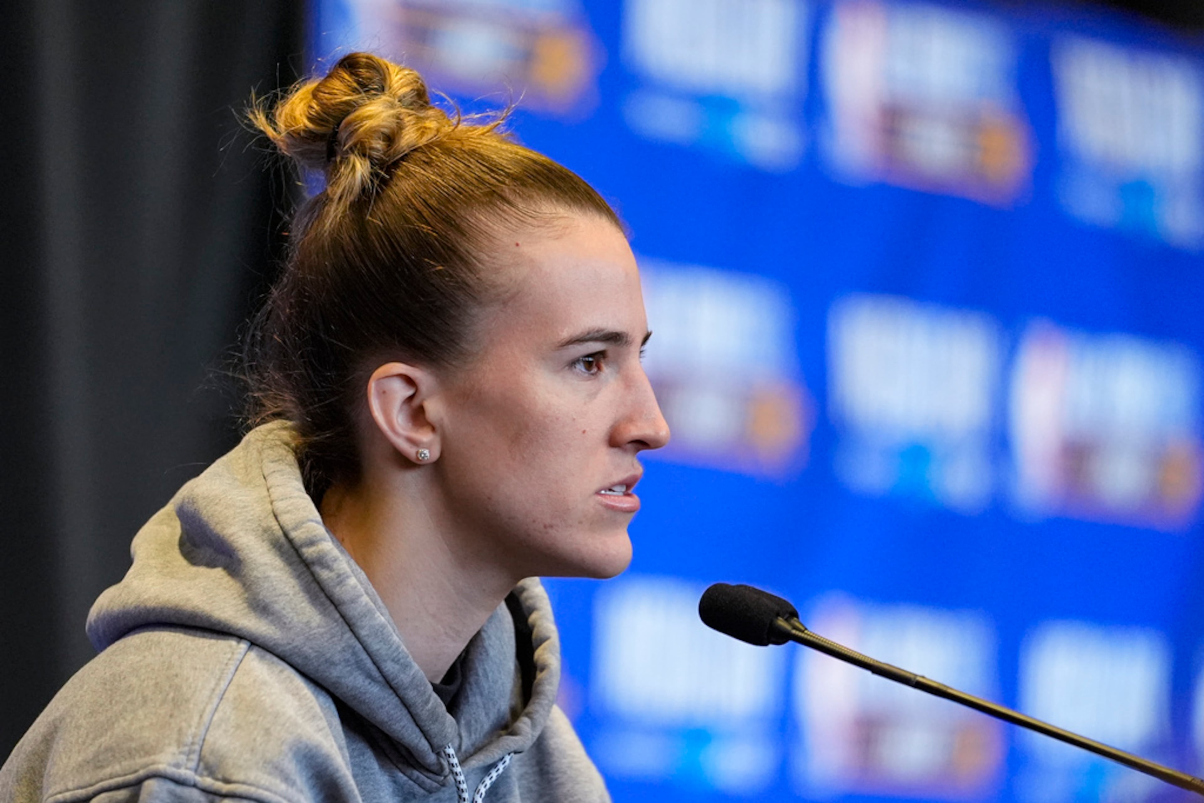 New York Liberty guard Sabrina Ionesco answers a question during media day the the NBA All-Star basketball game in Indianapolis, Saturday, Feb. 17, 2024. (AP Photo/Michael Conroy)