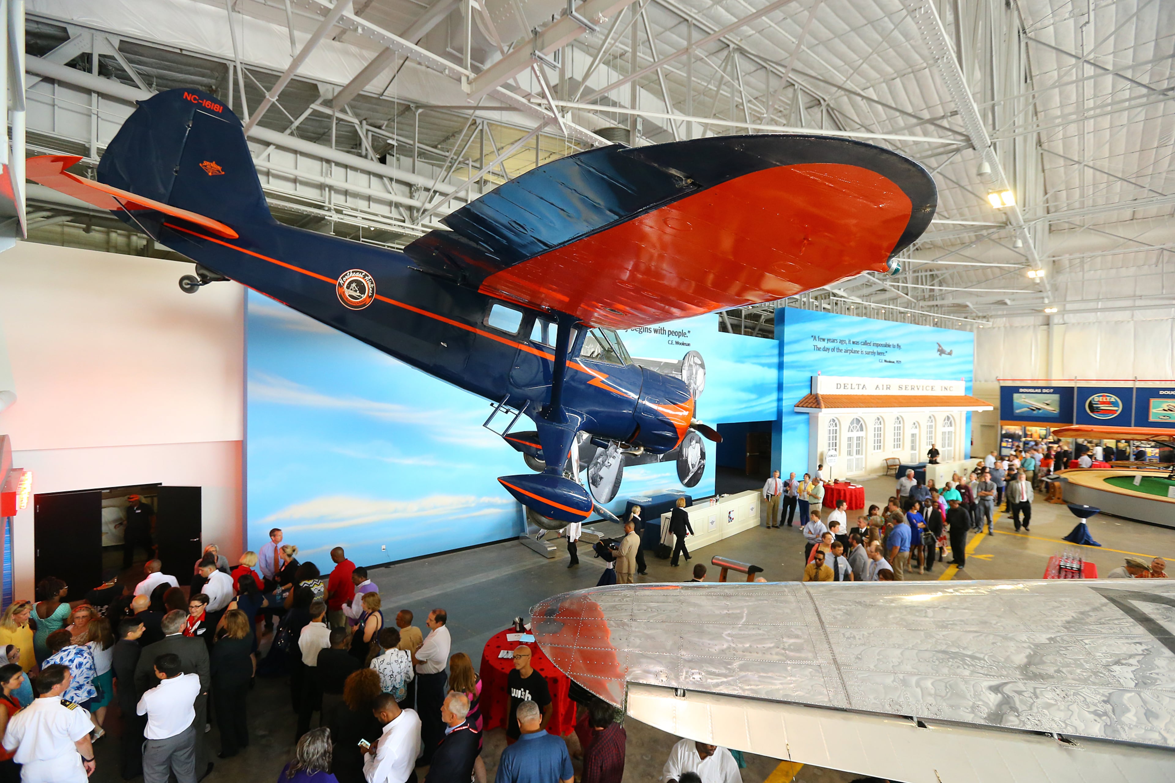 061214 ATLANTA: A later model Northeast Arilines Stinson SR-8E Reliant built in 1936 hangs from the ceiling of a hanger at the Delta Flight Museum on Thursday, June 12, 2014, in Atlanta. Nicknamed the 'gullwing" for their unique double-taper wing design, the plane was used as an instrument trainer. CURTIS COMPTON / CCOMPTON@AJC.COM