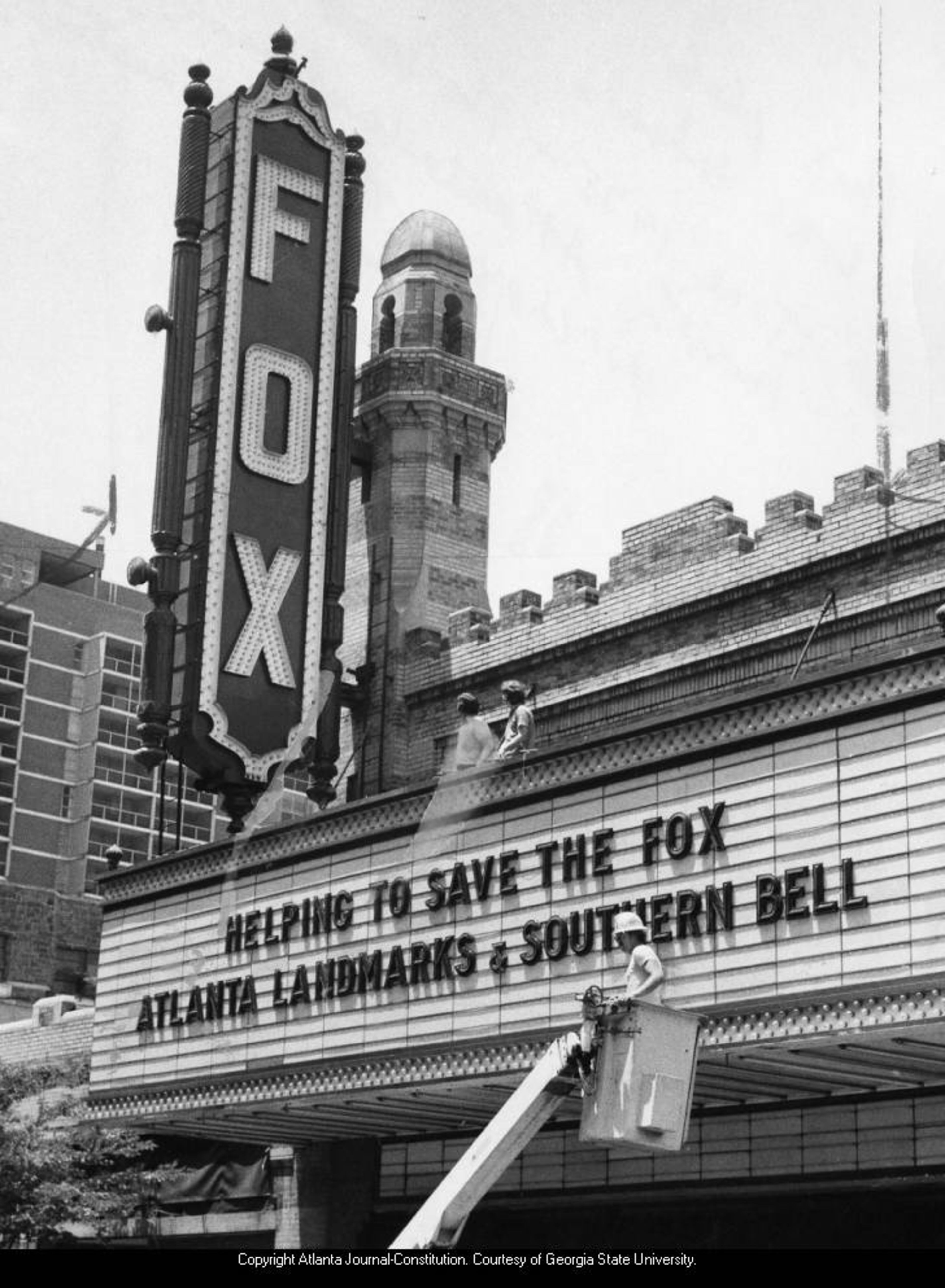 1975 -- The Fox Theatre marquee announcing Atlanta Landmarks' and Southern Bell's effort to save the Fox. BILLY DOWNS / AJC FILE