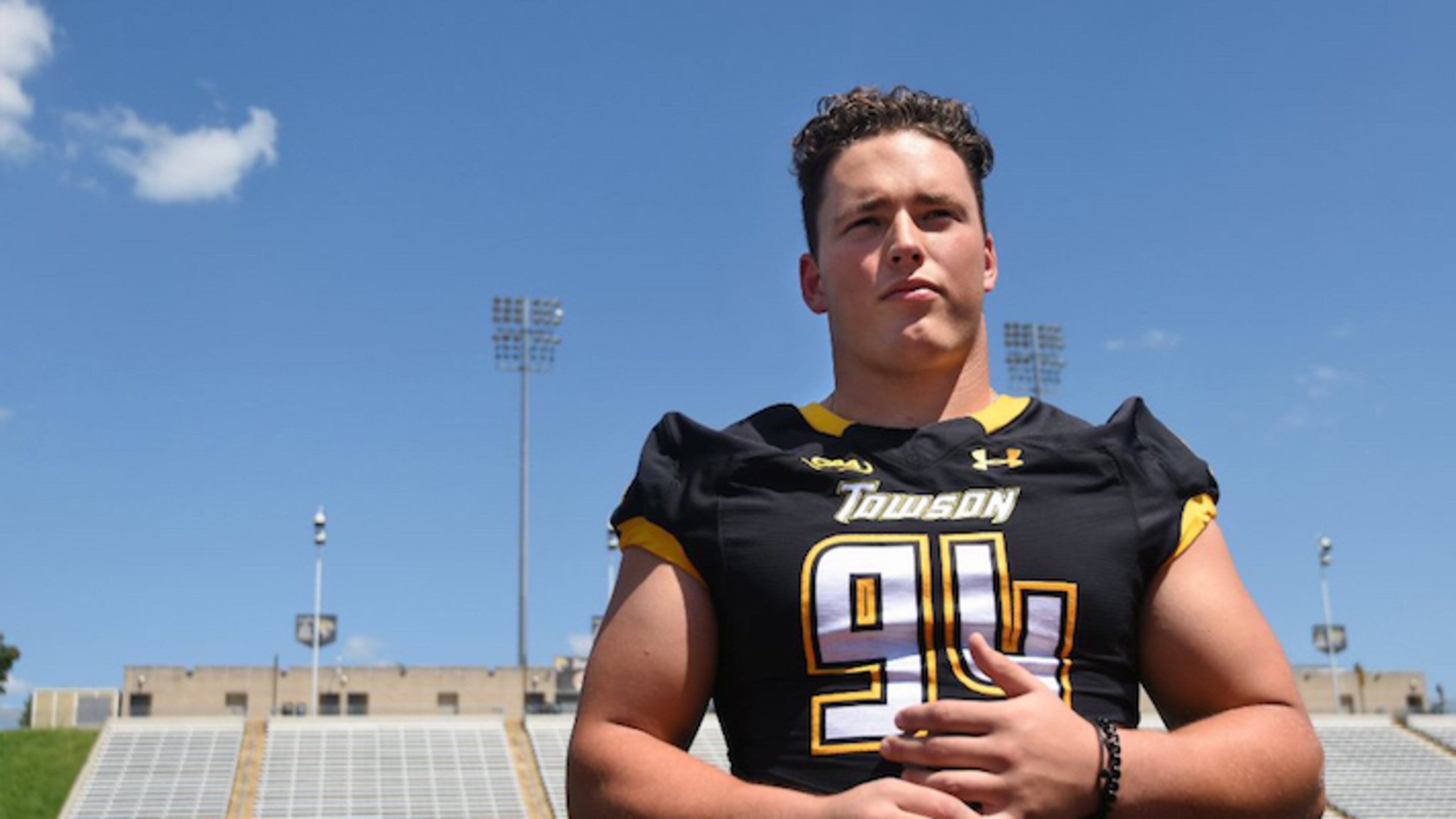 Tibo Debaillie, a defensive lineman at Towson University, at Johnny Unitas Stadium on August 24, 2018. Debaillie is from Gistel, Belguim, and played semi-pro football. (Kim Hairston/Baltimore Sun/TNS)
