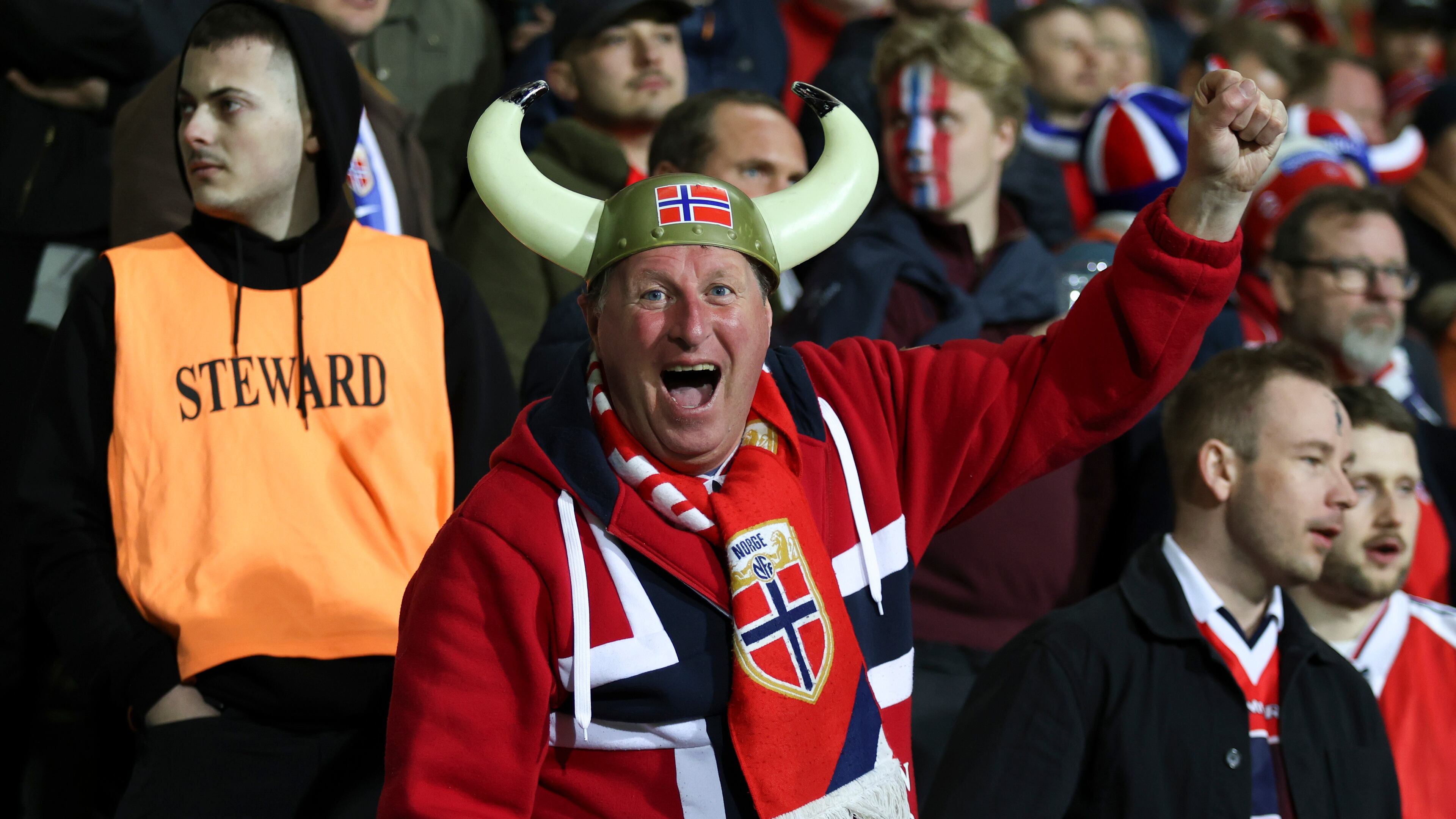 FILE - A Norway fan cheers during a Group I, World Cup qualifier soccer match between Moldova and Norway at the Zimbru stadium in Chisinau, Moldova, Saturday, March 22, 2025. (AP Photo/Aurel Obreja, File)