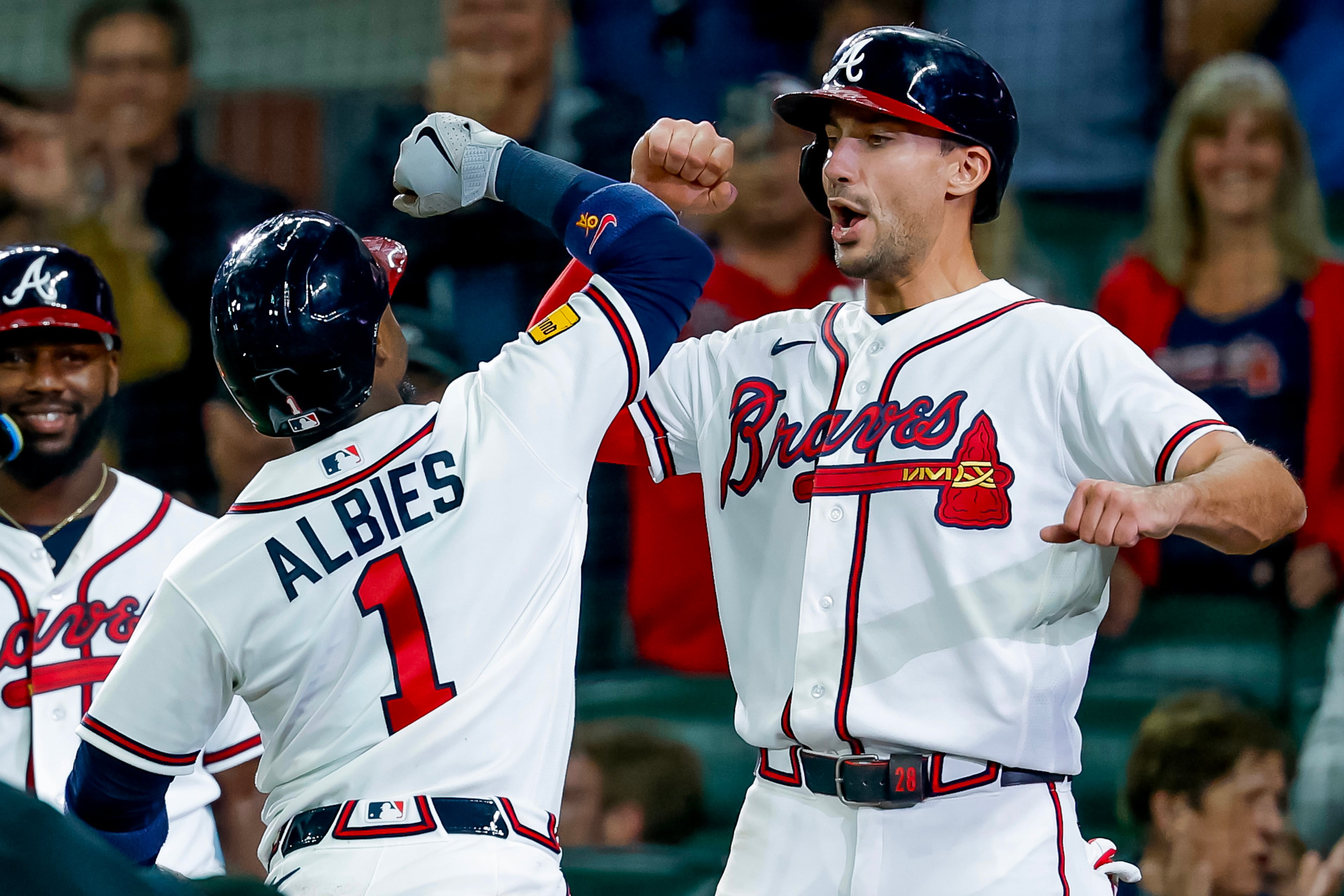 The Braves’ Ozzie Albies (left) and Matt Olson celebrate a recent home run. (Erik S. Lesser/AP)