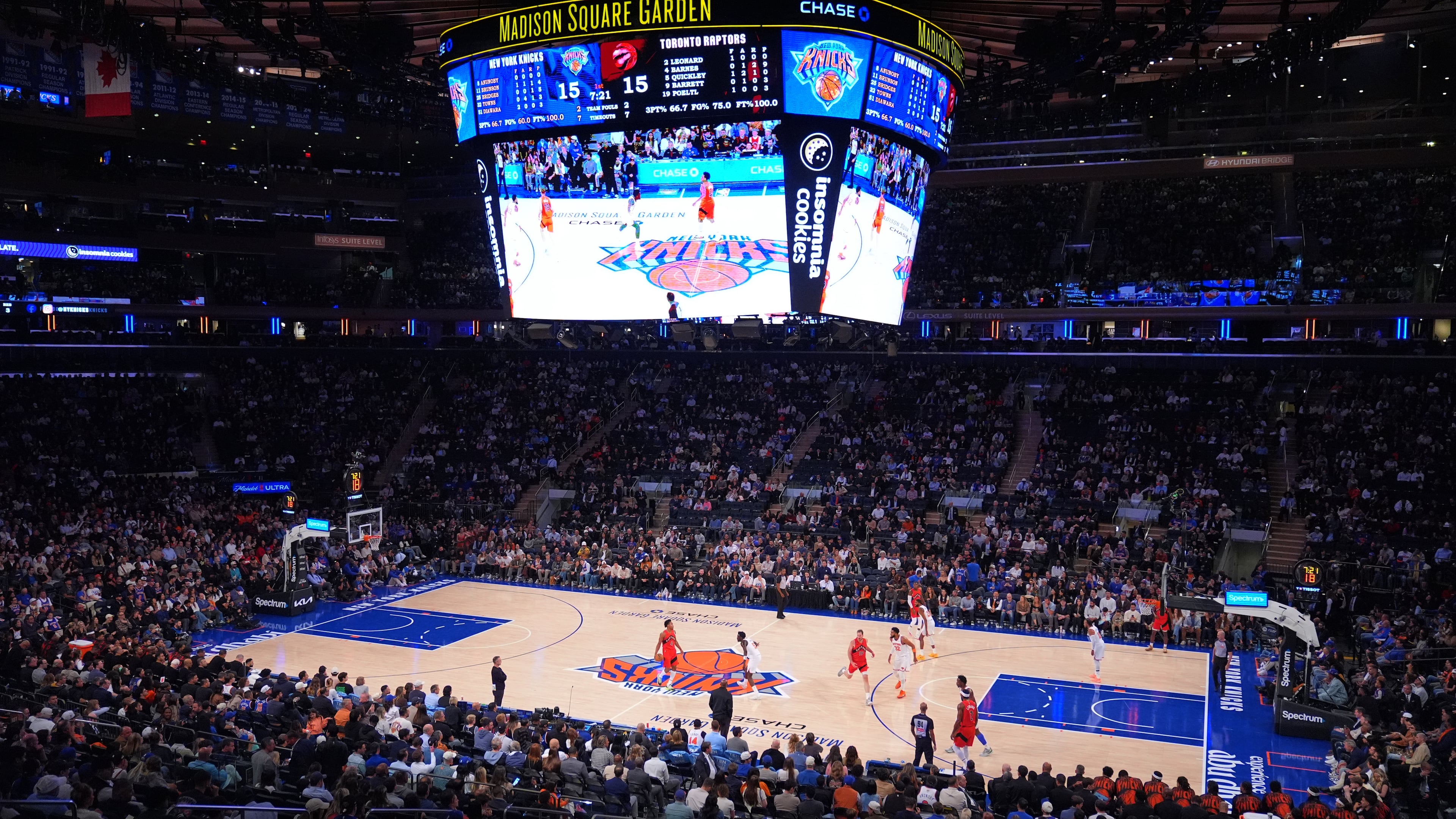The Toronto Raptors play the New York Knicks during the first half of a preseason NBA basketball game Thursday, Oct. 15, 2026, in New York. (AP Photo/Frank Franklin II)