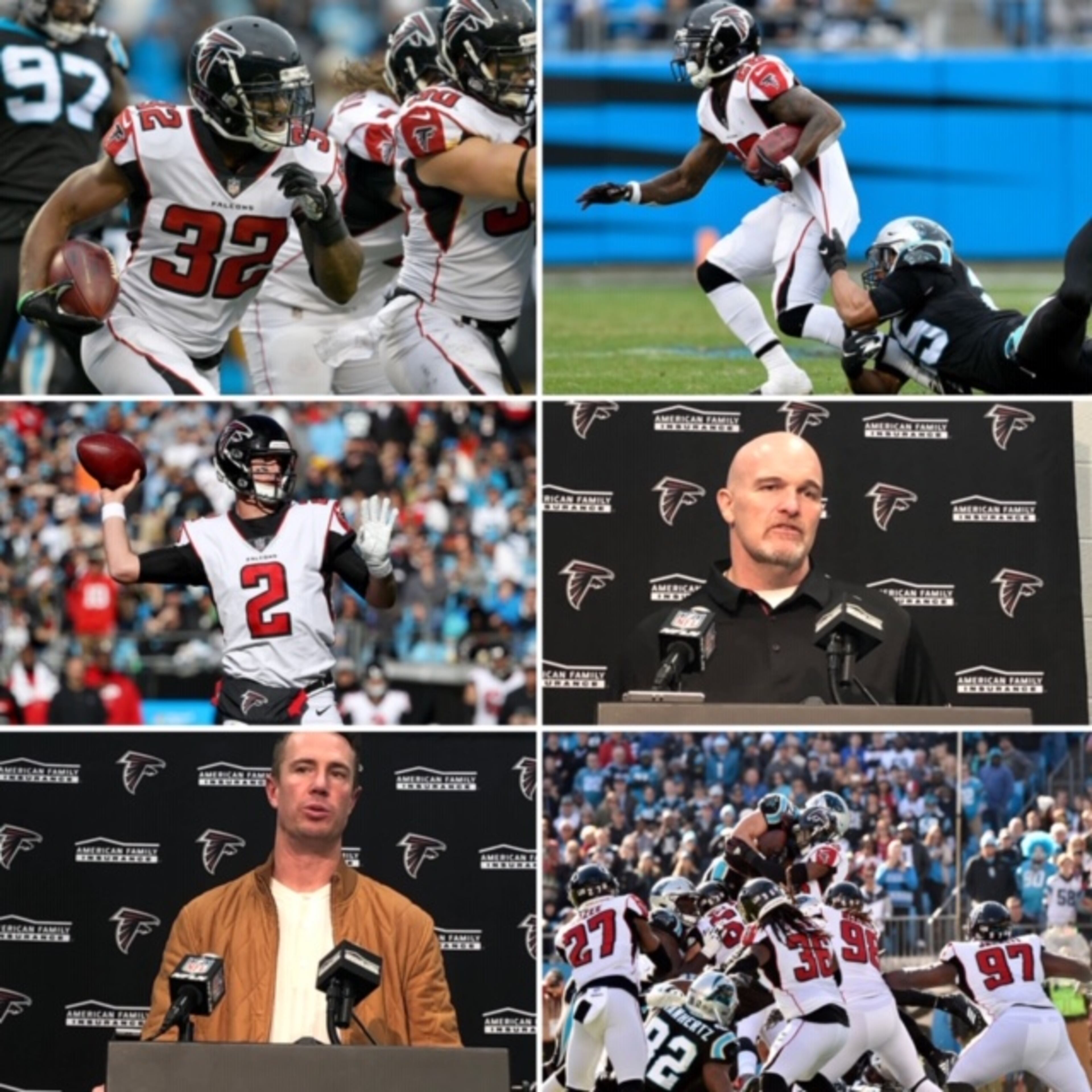 Clockwise: Running back Brian Hill (top left. By Grant Halverson/Getty Images). Running back Tevin Coleman pulling away from a Panther. (top right. By Grant Halverson/Getting Images). Dan Quinn at the podium (By D. Orlando Ledbetter). Linebacker Deion Jones popping Christian McCaffery near the goal line. (Grant Halverson/Gettin Images) Matt Ryan at the podium. (By D. Orlando Ledbetter). Matt Ryan back to pass against the Panthers. (By Streeter Lecka/Getty Images).