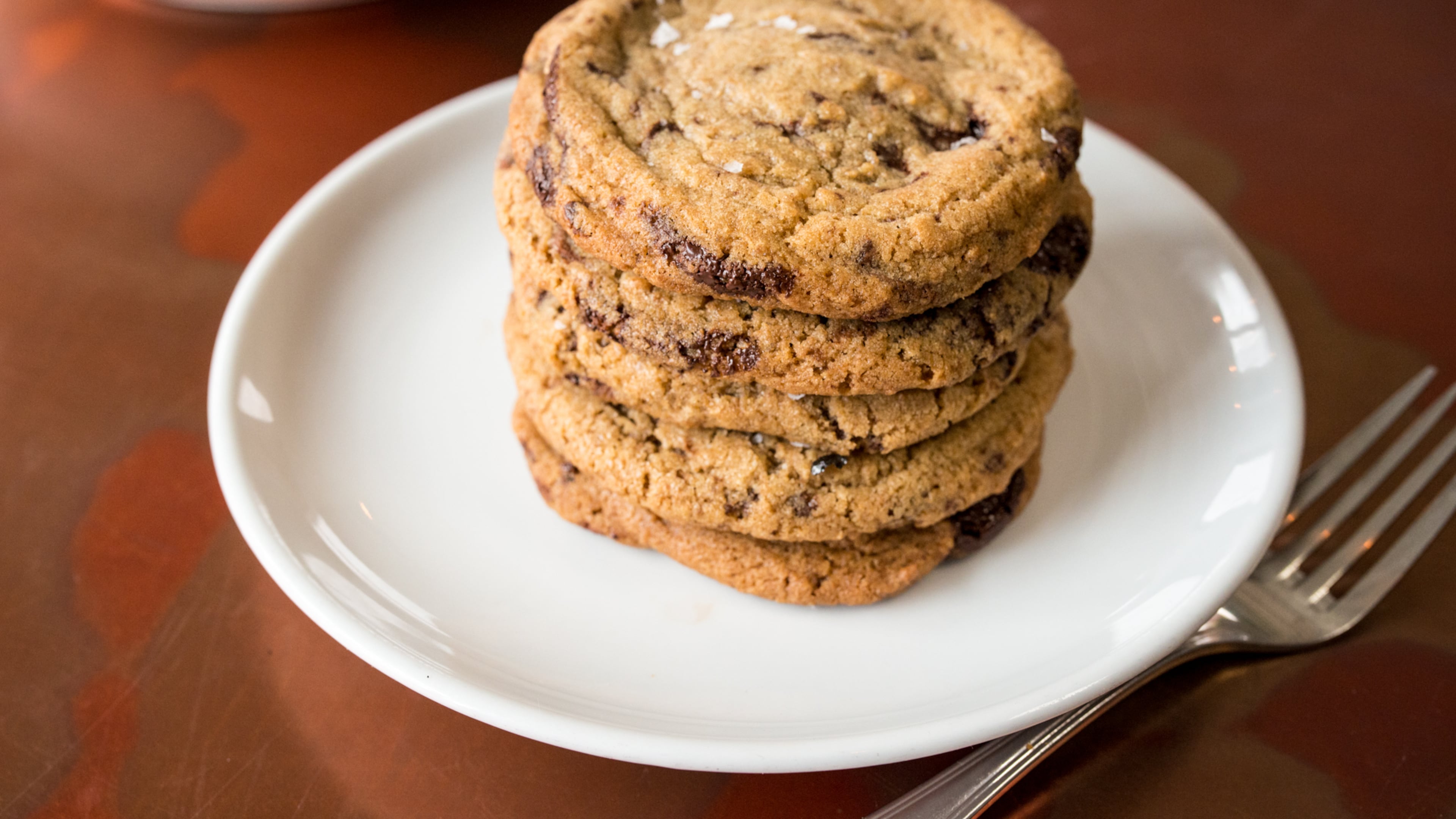 Stack of whole wheat double chocolate chip cookies from 8Arm's Sarah Dodge. / Photo credit- Mia Yakel