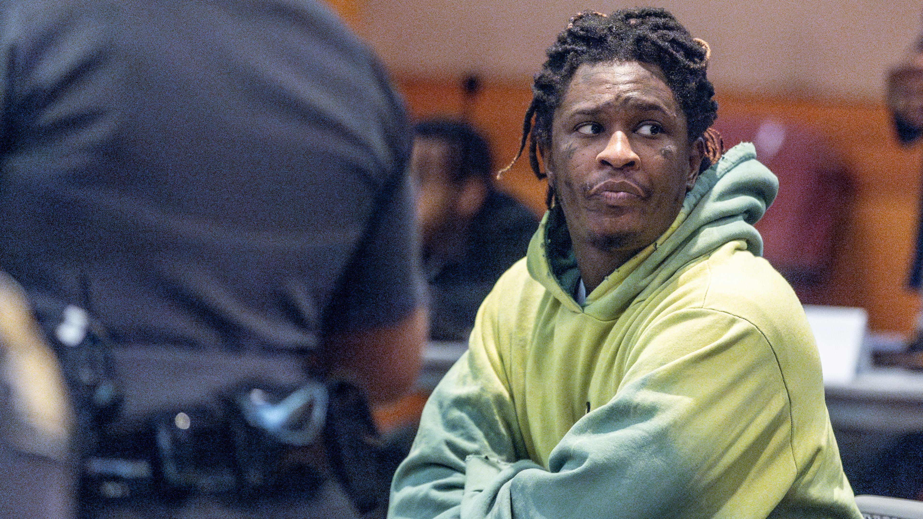 Atlanta rapper Young Thug waits for the start of jury selection in the “Young Slime Life” gang case at the Fulton County Courthouse Tuesday, September 12, 2023. (Steve Schaefer/steve.schaefer@ajc.com)