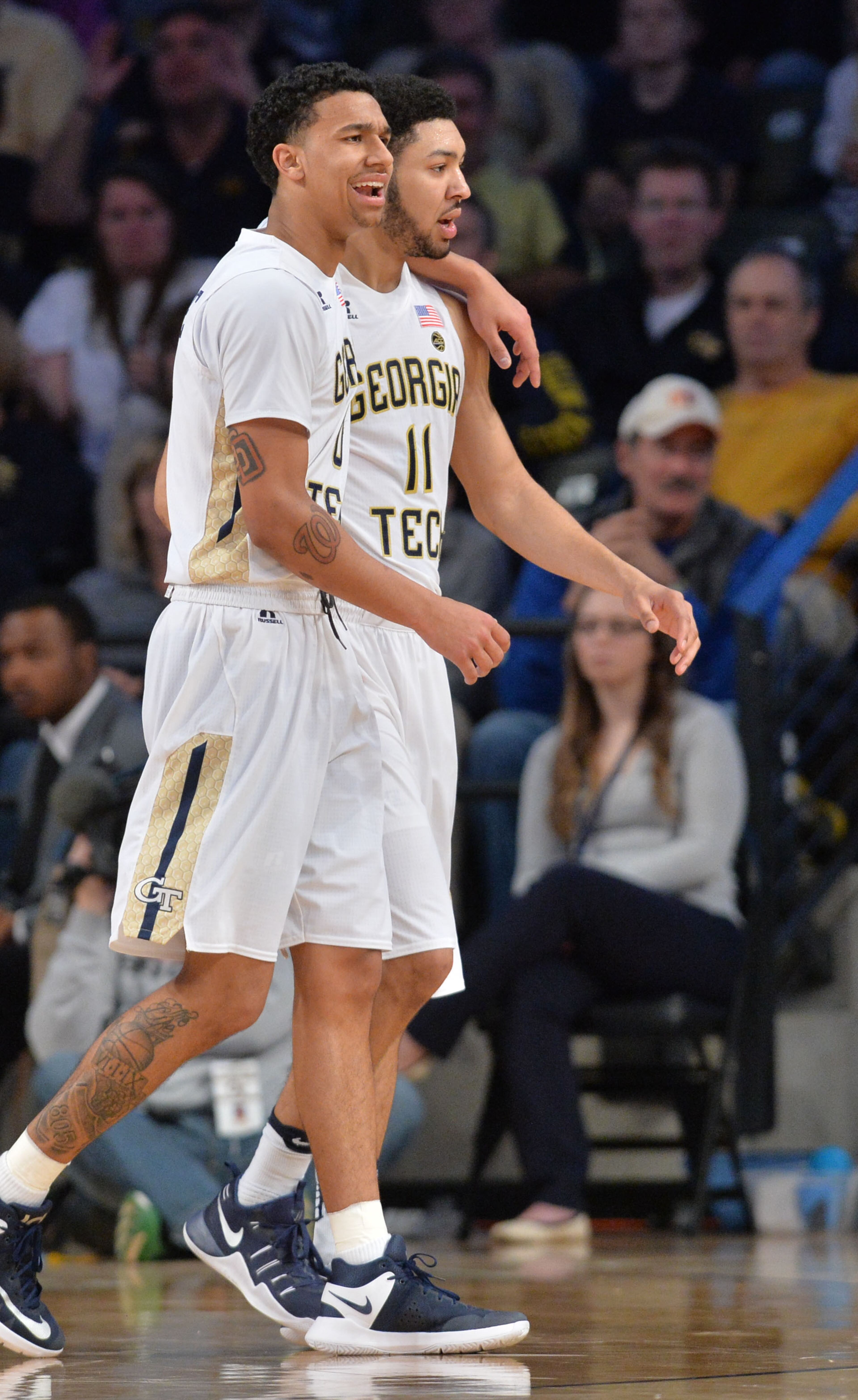 February 11, 2017 Atlanta - Georgia Tech's guard Justin Moore (0) celebrates with Georgia Tech's guard Josh Heath (11) in a basketball game at McCamish Pavilion on Saturday, February 11, 2017. Georgia Tech won 65 - 54 over the Boston College. HYOSUB SHIN / HSHIN@AJC.COM