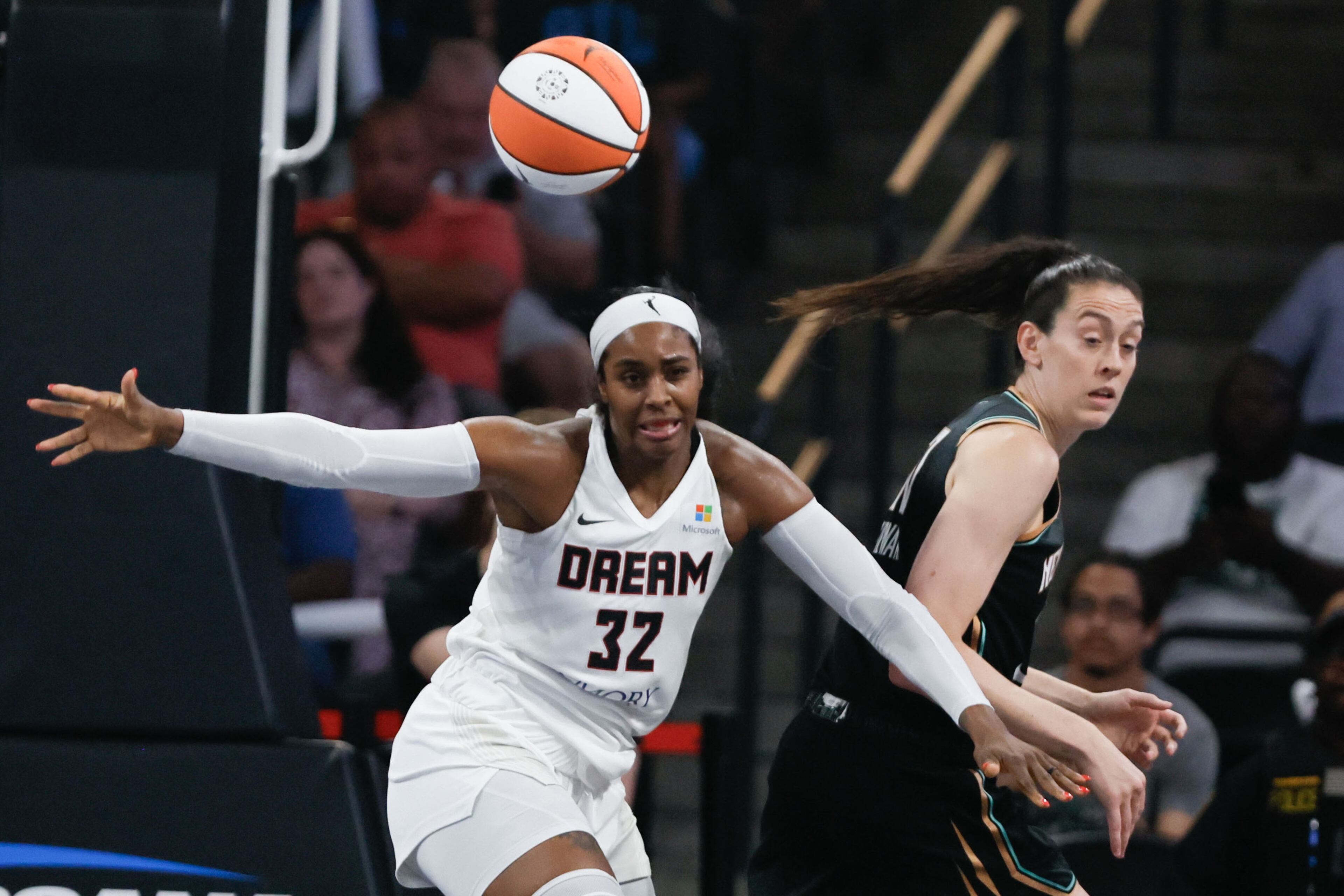 Atlanta Dream forward Cheyenne Parker-Tyus (32) reacts after missing a rebound during the second half against the New York Liberty on Sunday, June 23, 2024, in Atlanta, at Gateway Center Arena. (Miguel Martinez / AJC)