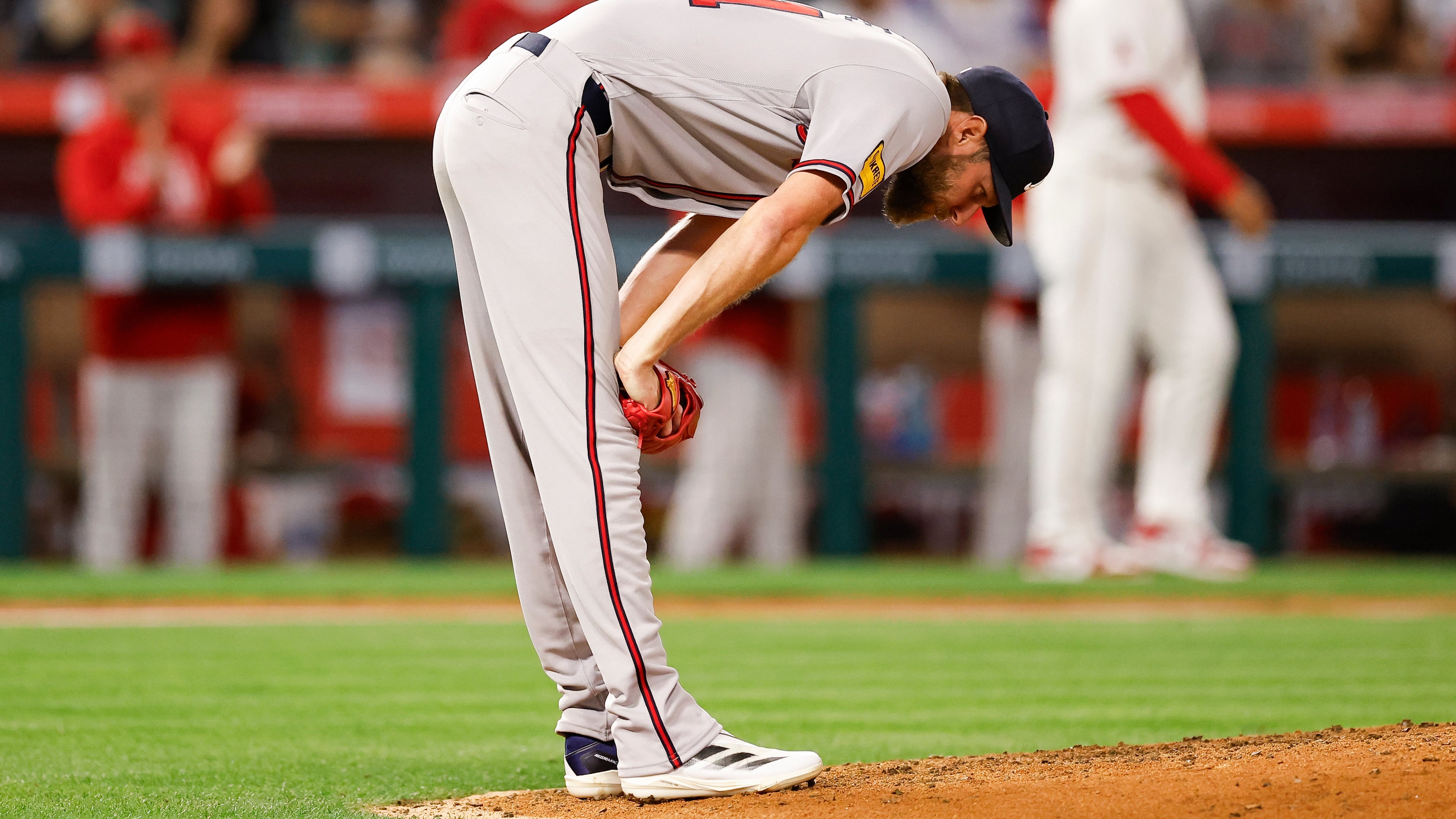 Atlanta Braves starter Chris Sale had three good innings, then the wheels came off in the fourth when he hit Angels designated hitter Yoan Moncada with a pitch Monday, April 6, 2026, in Anaheim, Calif. (Caroline Brehman/AP)