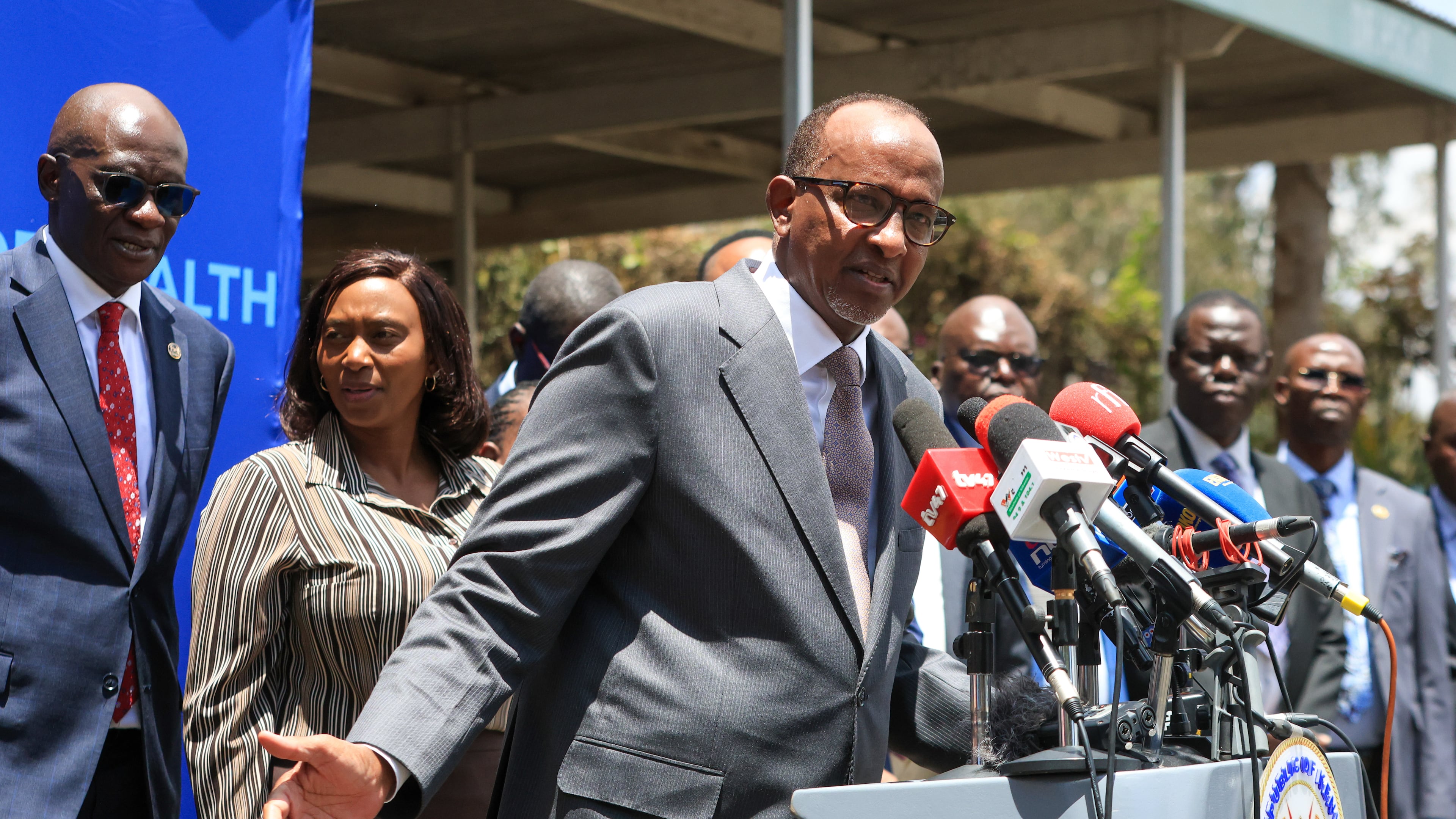 Kenya Health minister Aden Duale speaks to journalists as he announces the first case of Ebola virus in Kenya, Nairobi, Tuesday, Oct. 6, 2026. (AP Photo/Andrew Kasuku)