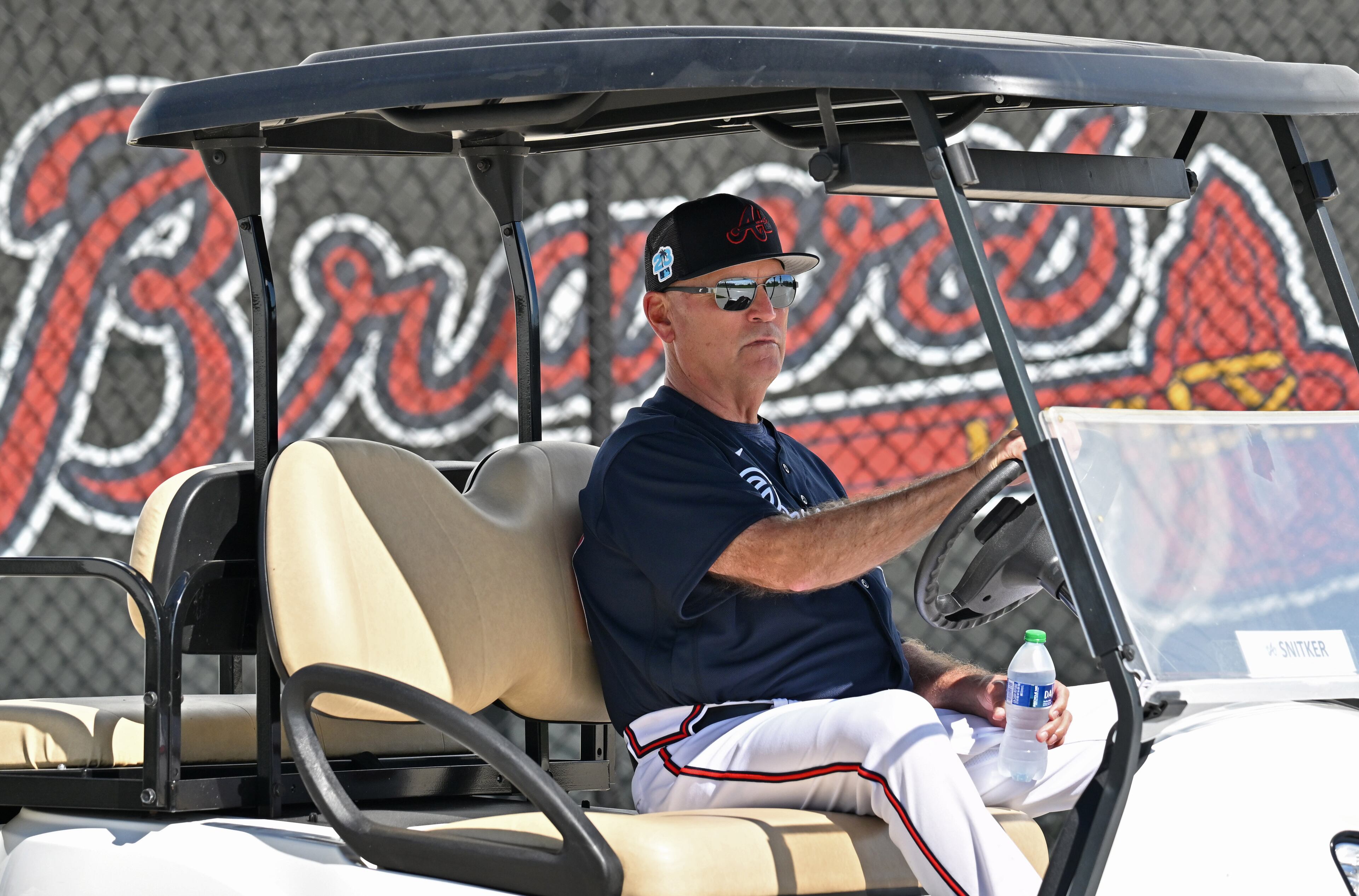 Braves manager Brian Snitker watches the action during spring training Thursday at CoolToday Park in North Port, Florida. (Hyosub Shin / Hyosub.Shin@ajc.com)