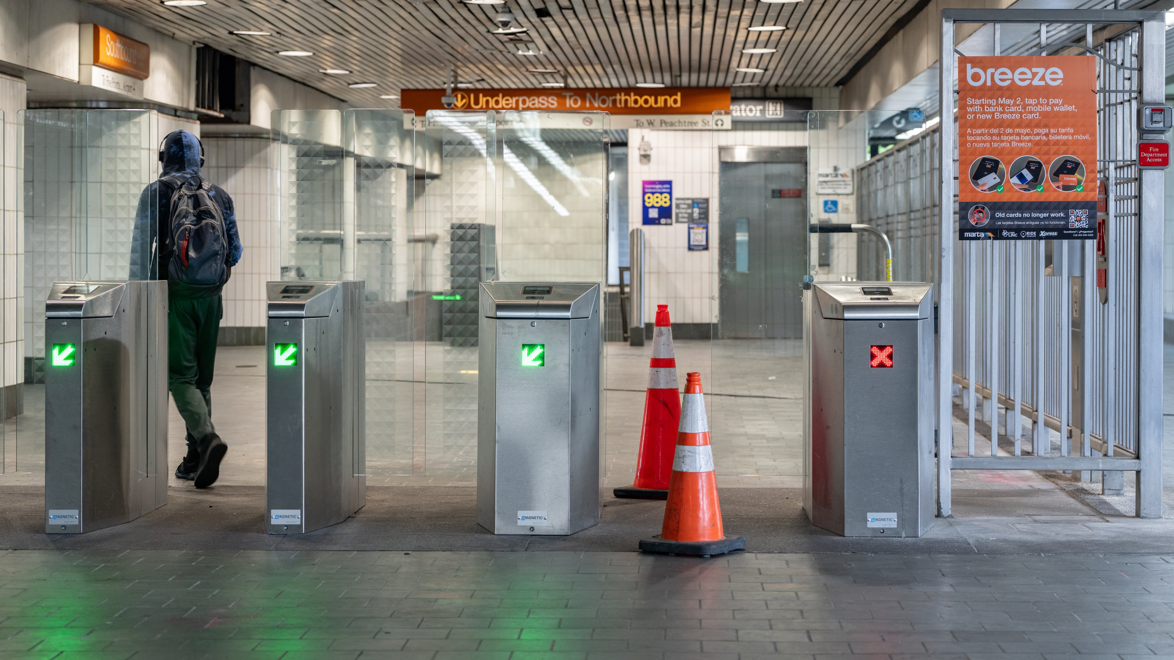 Orange cones block entry to a broken faregate at the Civic Center MARTA station on Tuesday, June 2, 2026. (Ben Hendren for the AJC)