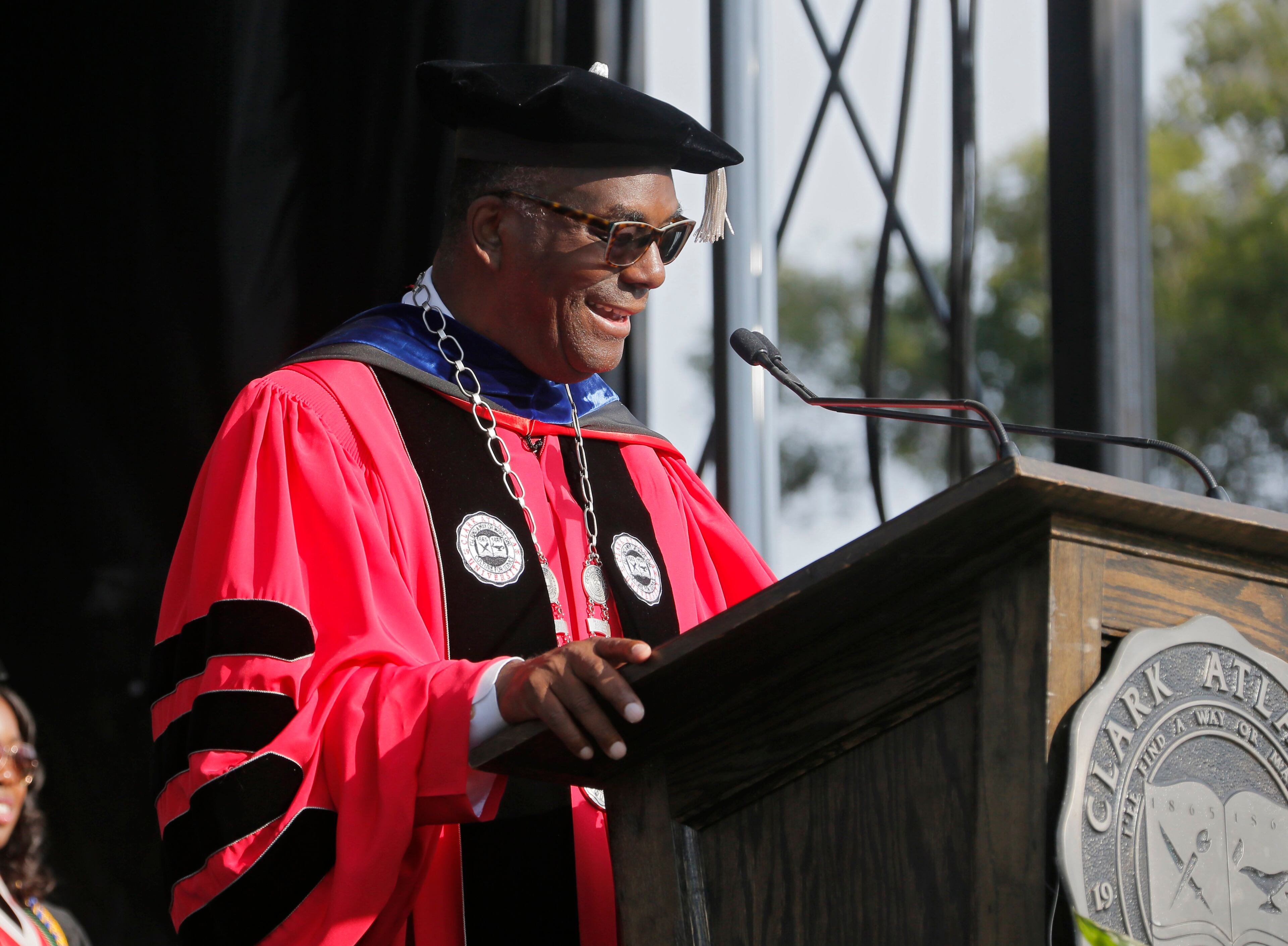 5/22/17 - Atlanta - School president Ronald Johnson address the graduates. Clark Atlanta University's Panther Stadium was the site of their 28th annual Commencement. Businessman William Pickard gave the commencement address. Rev. Jesse Jackson, who received an honorary degree, also spoke. Panther Stadium, BOB ANDRES /BANDRES@AJC.COM
