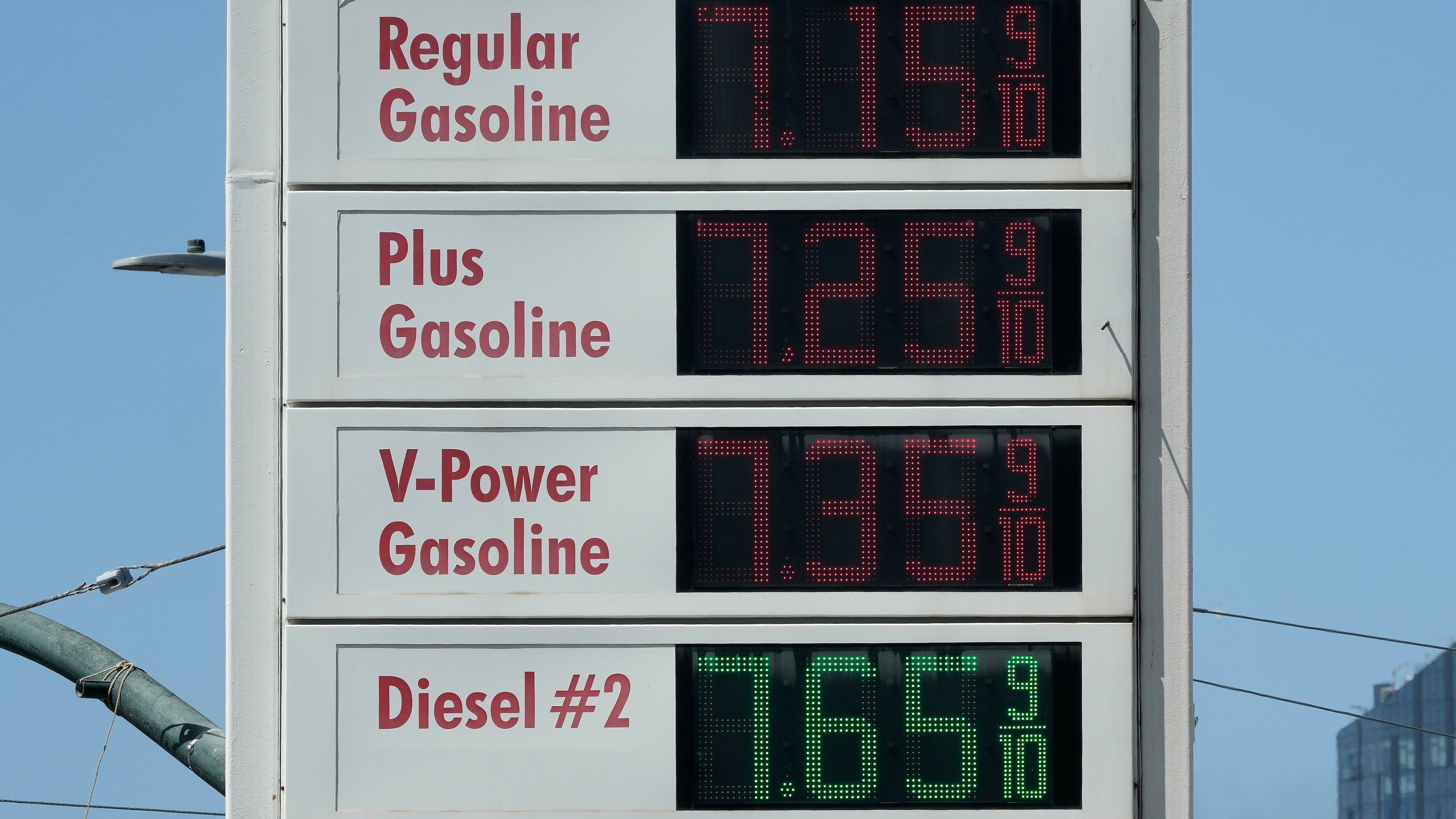 FILE - Prices are displayed on a digital gas station sign in San Francisco, April 29, 2026. (AP Photo/Jeff Chiu, File)