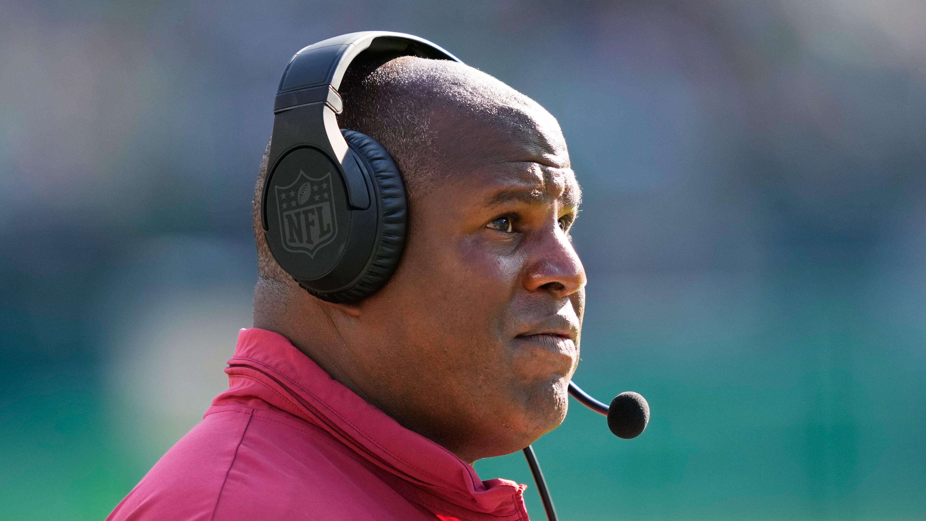 FILE - Washington Commanders offensive coordinator Eric Bieniemy watches from the sidelines during an NFL football game, Oct. 1, 2023, in Philadelphia. (AP Photo/Matt Rourke, File)