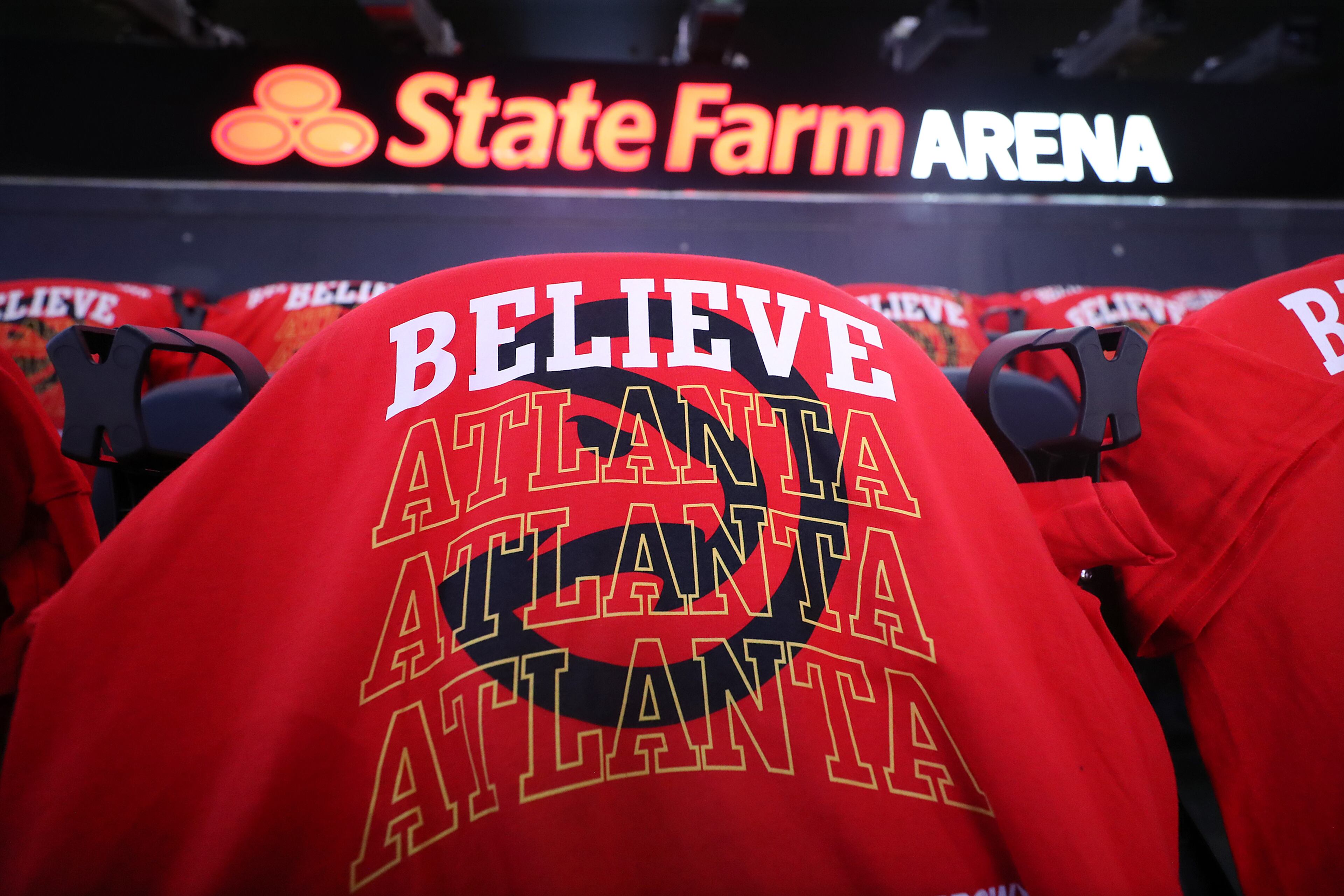 'Believe' Atlanta shirts cover the seats for fans in State Farm Arena for the Atlanta Hawks and Milwaukee Bucks in game 6 of the NBA Eastern Conference Finals on Saturday, July 3, 2021, in Atlanta. “Curtis Compton / Curtis.Compton@ajc.com”
