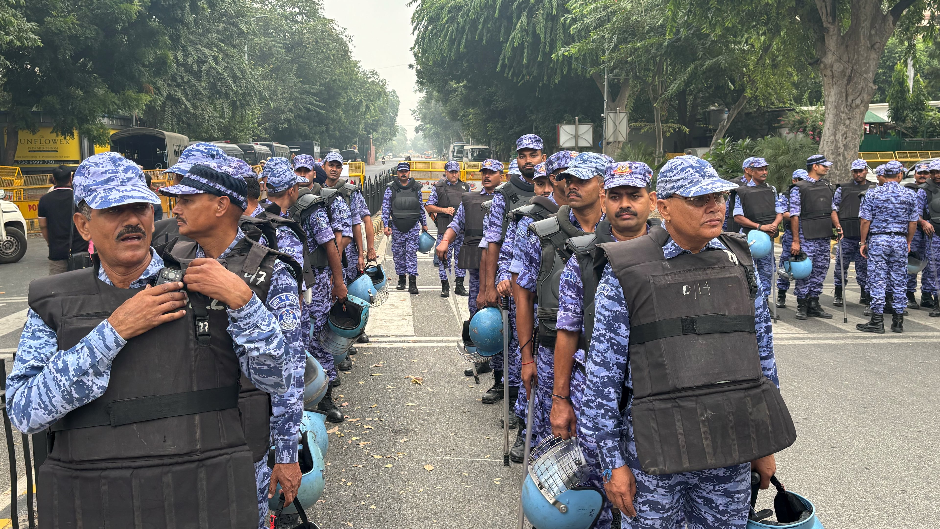 Security personnel assemble near the venue of a youth protest demanding the resignation of the country's election chief Gyanesh Kumar, in New Delhi, India, Saturday, Oct. 10, 2026. (AP Photo/Manish Swarup)