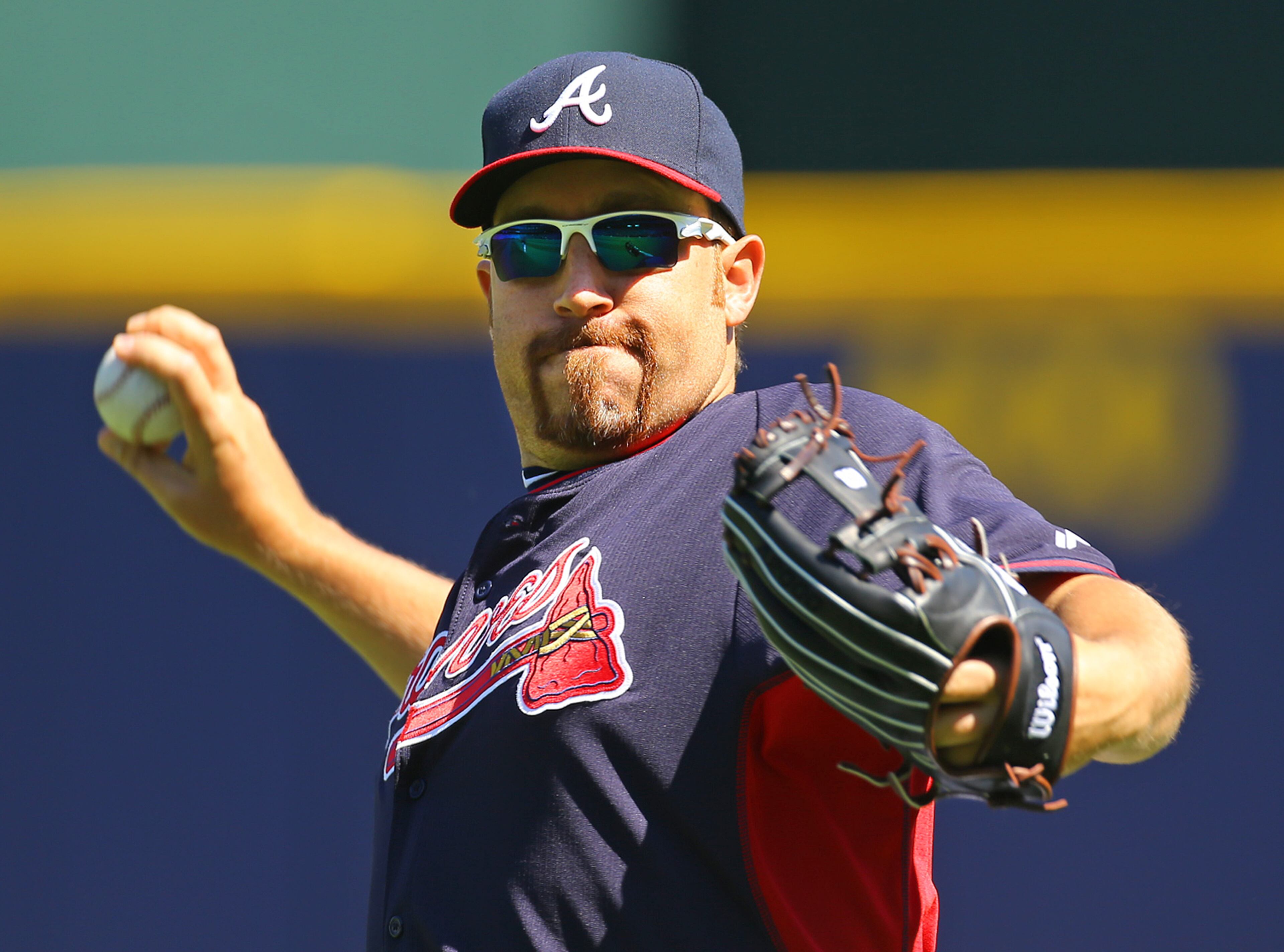 Braves pitcher Aaron Harang throws during pregame warmups at Turner Field on Sunday, May 4, 2014, in Atlanta. CURTIS COMPTON / CCOMPTON@AJC.COM