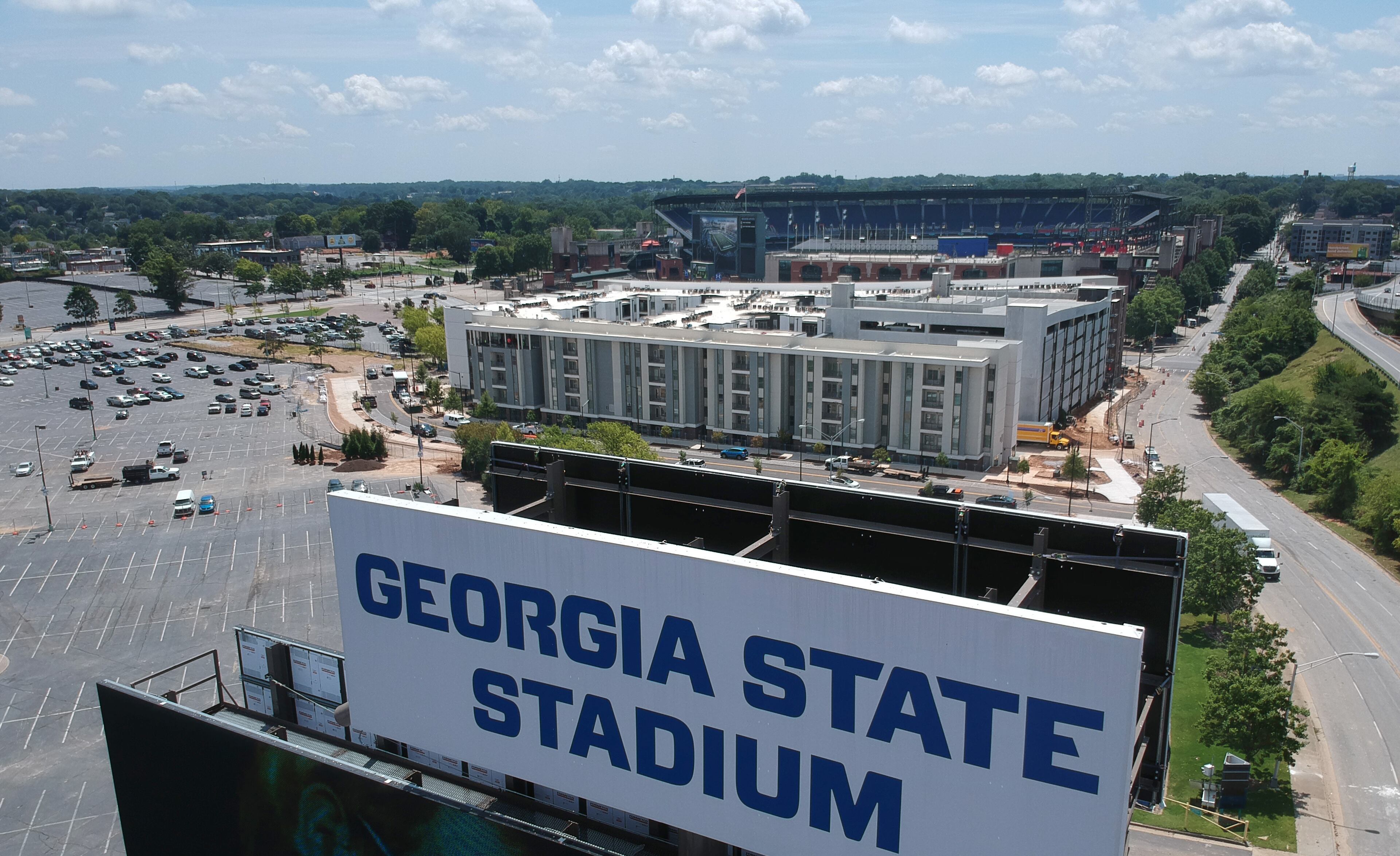 Aerial photography shows constructions around Georgia State Stadium on Wednesday, August 14, 2019. A development company is building a dorm, pictured here, near the university’s stadium.