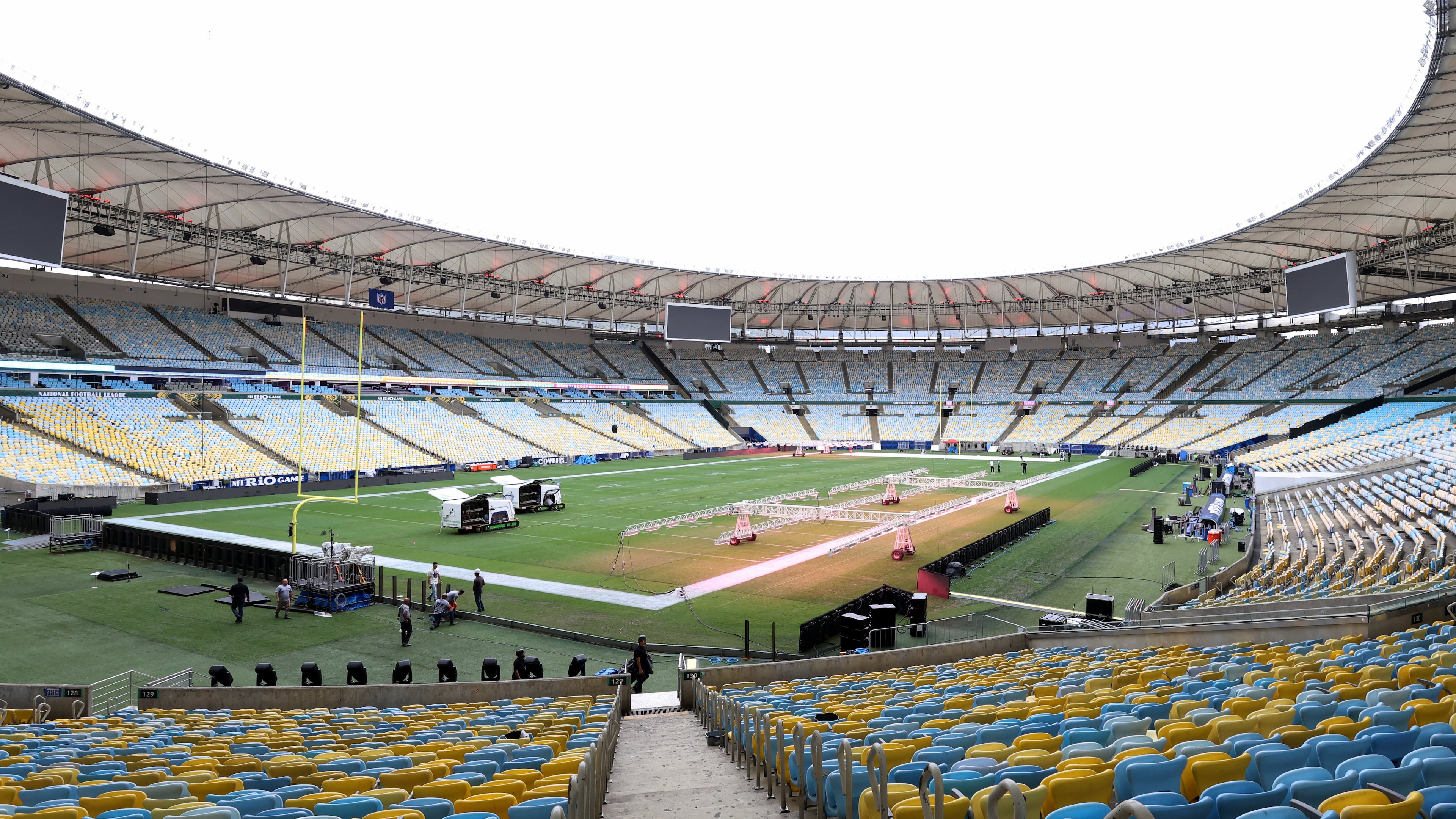 A general view of the interior of the Maracana stadium as workers prepare it for Sunday's NFL game between the Dallas Cowboys and the Baltimore Ravens in Rio de Janeiro, Brazil, Thursday, Sept. 24, 2026. (AP Photo/Gregory Payan)