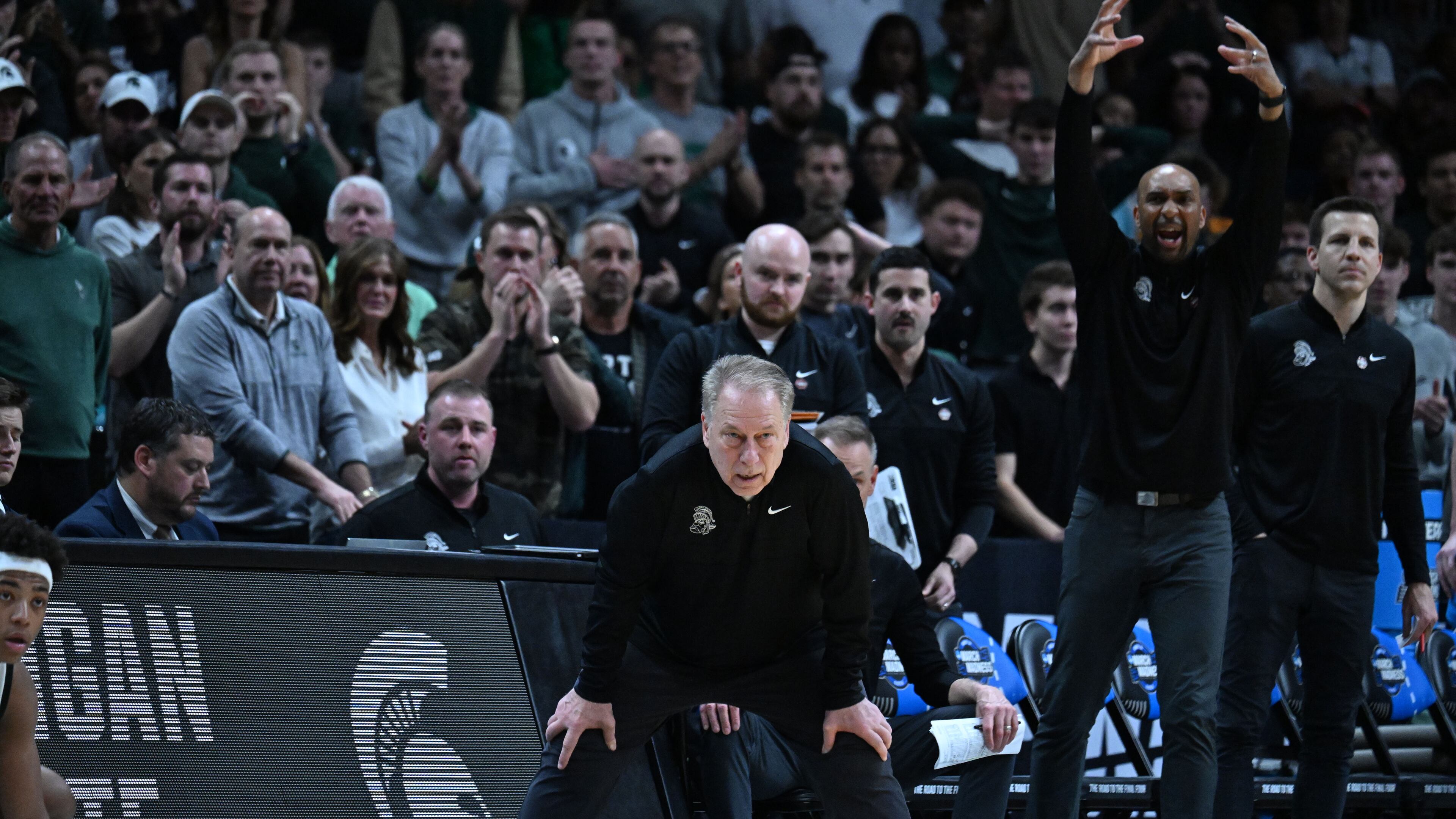 Michigan State head coach Tom Izzo reacts during the second half in NCAA Tournament South Regional Semifinal at State Farm Arena, Friday, March 28, 2025, in Atlanta. Michigan State won 73-70 over Mississippi. (Hyosub Shin / AJC)