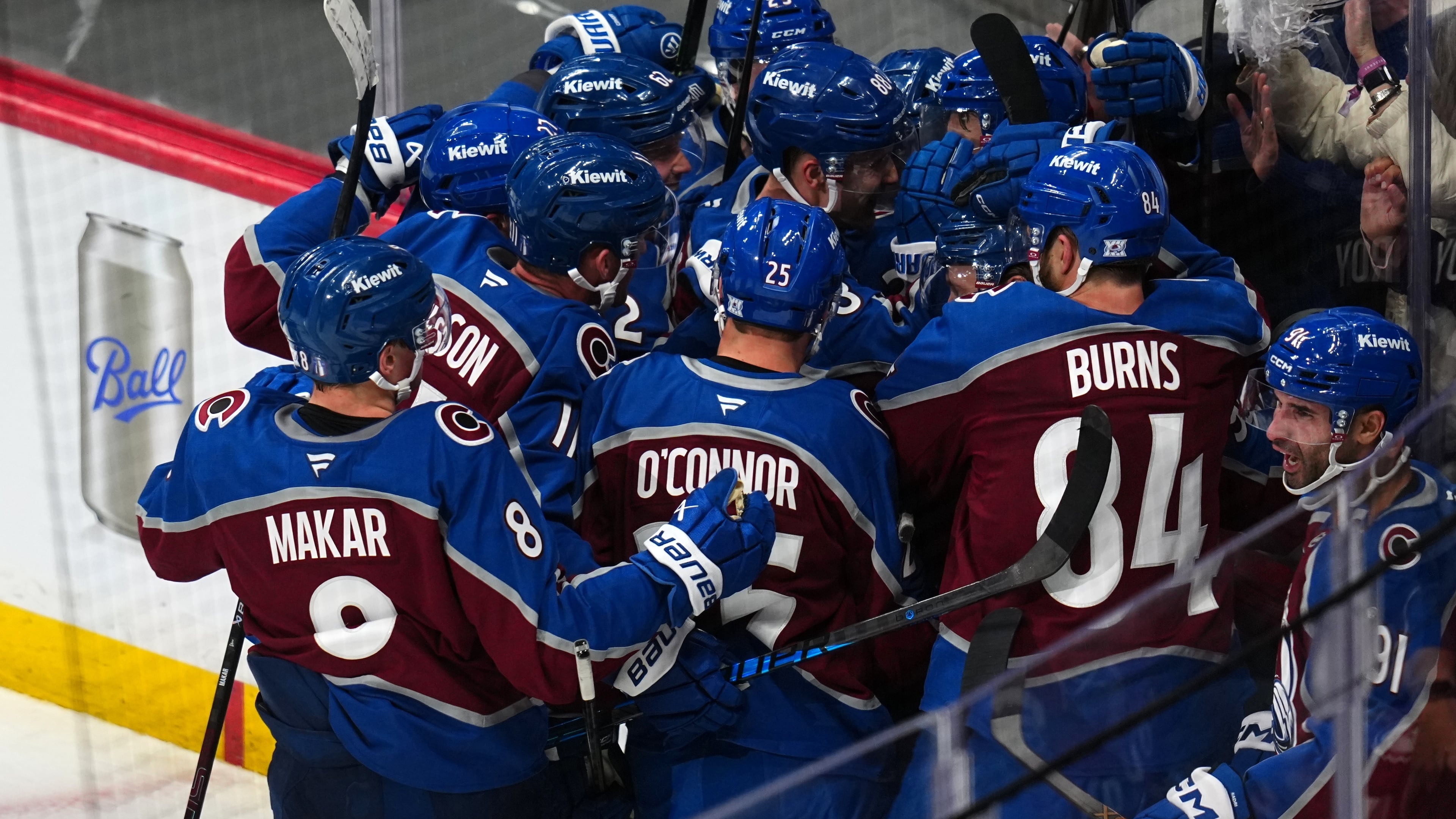 Colorado Avalanche center Nicolas Roy (10) is congratulated by teammates after scoring the game winning goal against the Los Angeles Kings in overtime of Game 2 in the first round of the NHL hockey Stanley Cup playoffs, Tuesday, April 21, 2026, in Denver. (AP Photo/Jack Dempsey)
