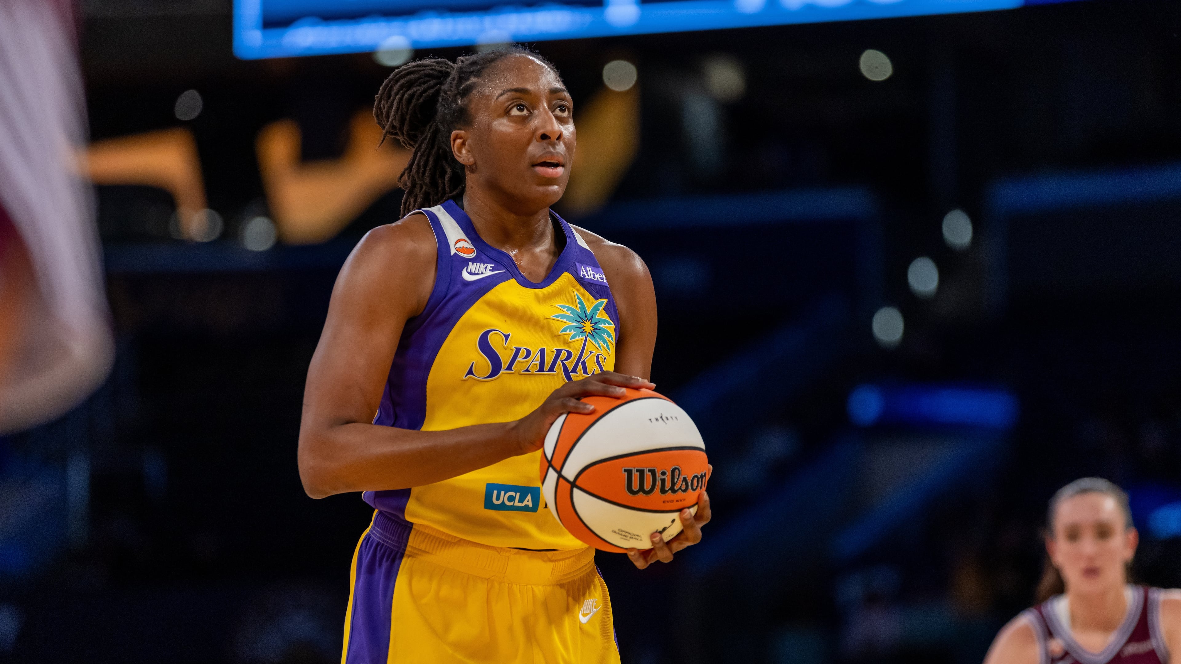 FILE - Los Angeles Sparks forward Nneka Ogwumike shoots a free-throw against the Toronto Tempo during a WNBA basketball game in Los Angeles, May 15, 2026. (AP Photo/Jeff Lewis, File)
