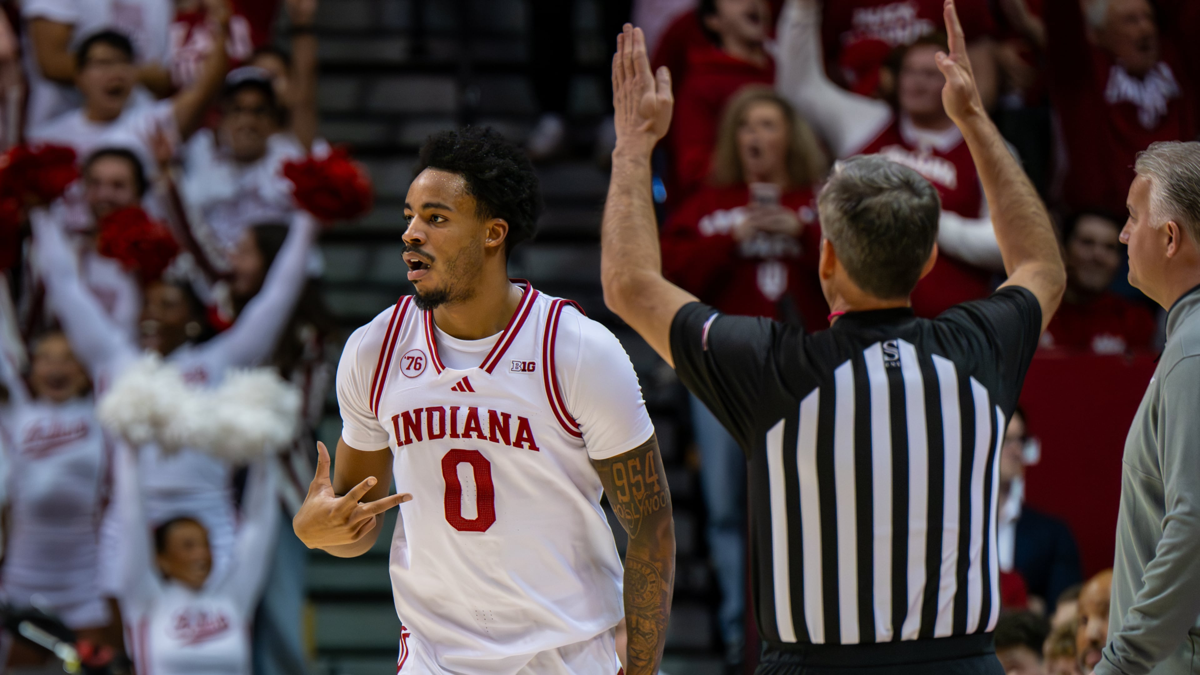 Indiana guard Jasai Miles (0) reacts after scoring during the first half of an NCAA college basketball game against Purdue, Tuesday, Jan. 27, 2026, in Bloomington, Ind. (AP Photo/Doug McSchooler)
