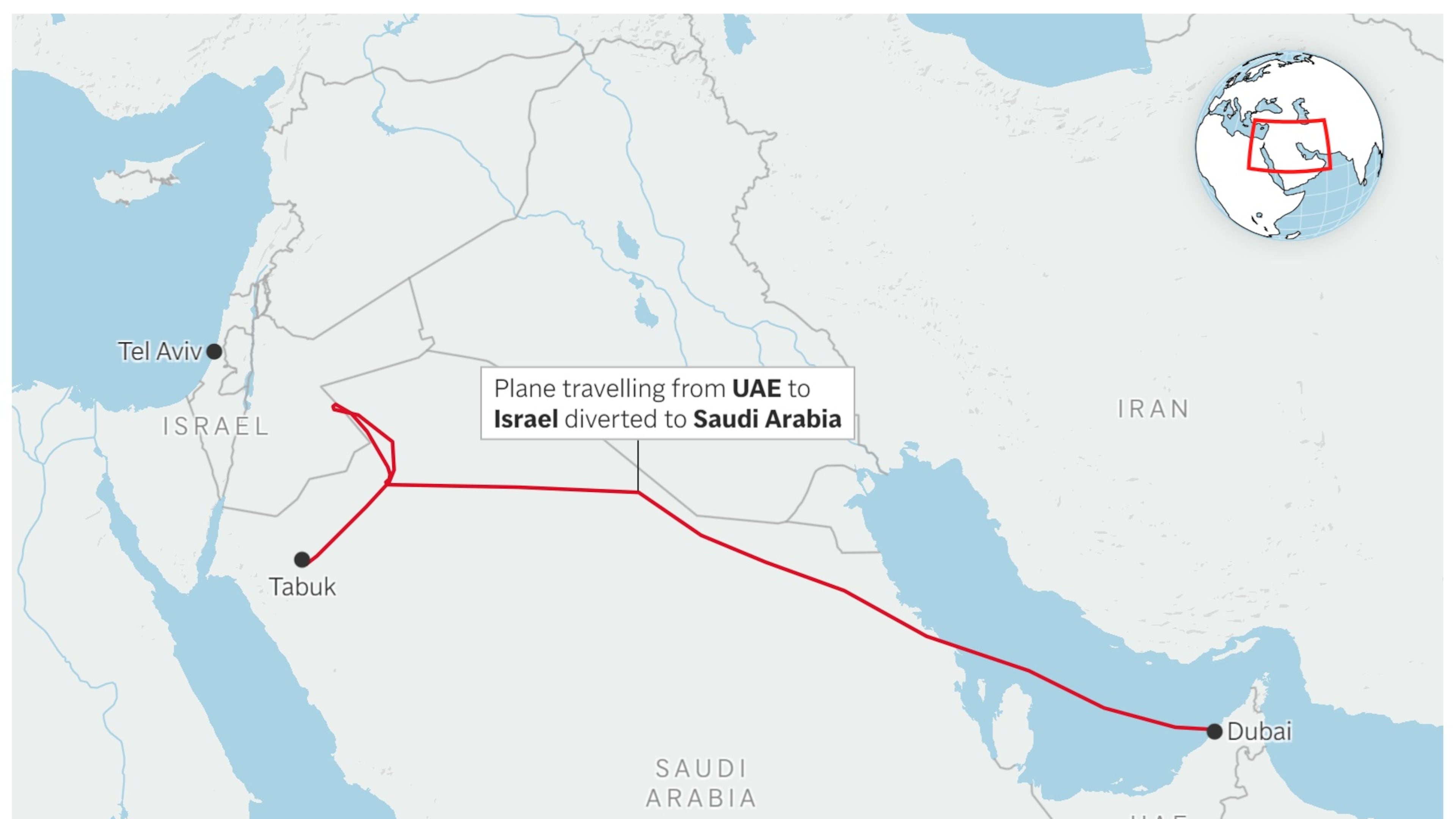 A map showing the route of a commercial plane diverted to Tabuk in Saudi Arabia. (AP Digital Embed)