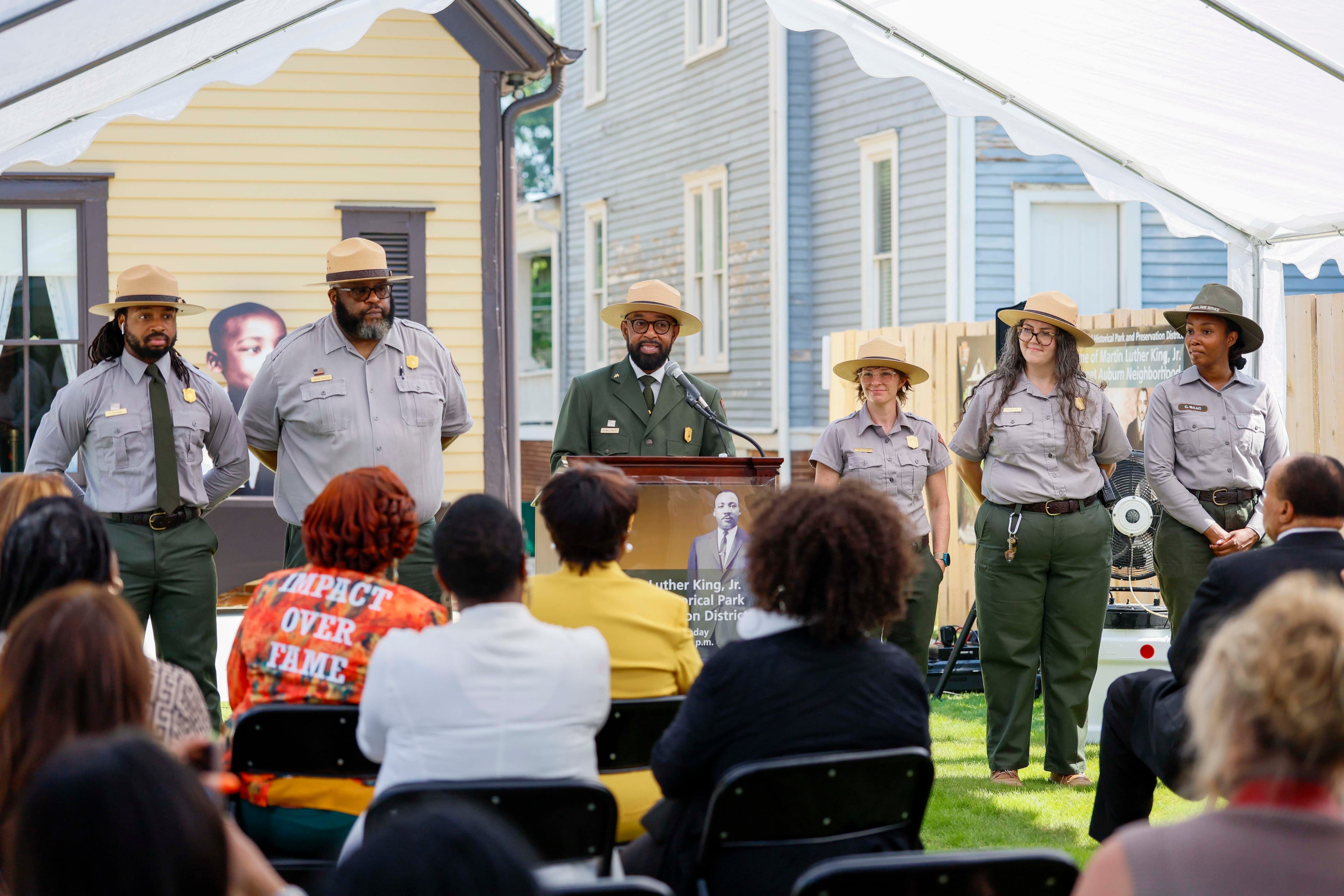 National Historical Park and Preservation District Superintendent Reginald Chapple delivers remarks at the ribbon-cutting ceremony for the opening of Martin Luther King Jr.'s childhood home on Thursday, July 2, 2026. (Miguel Martinez/AJC)