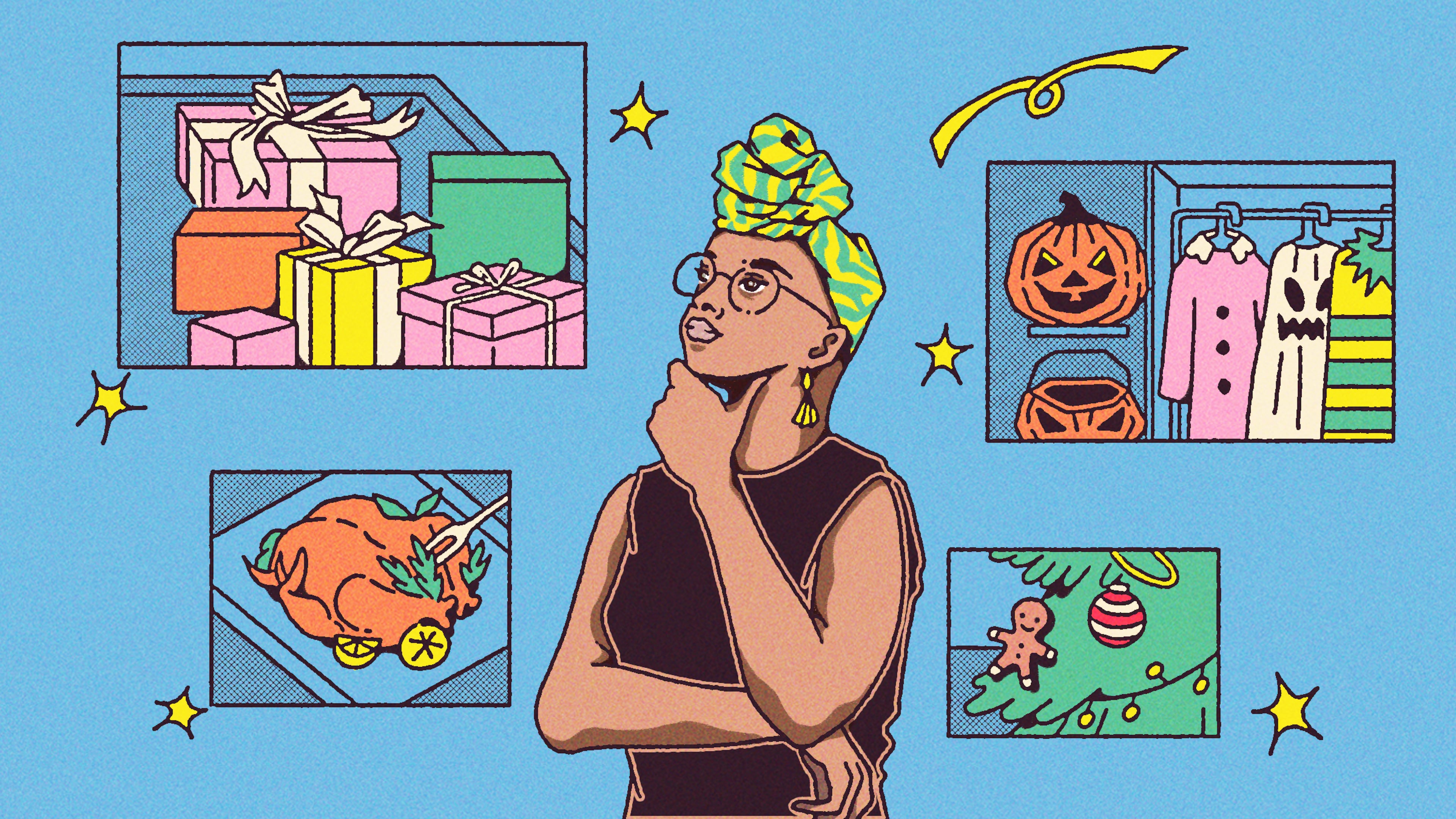 The holidays are supposed to be joyful, but a packed calendar of traditions and expectations can quickly feel overwhelming. (Illustration: Broly Su / AJC)