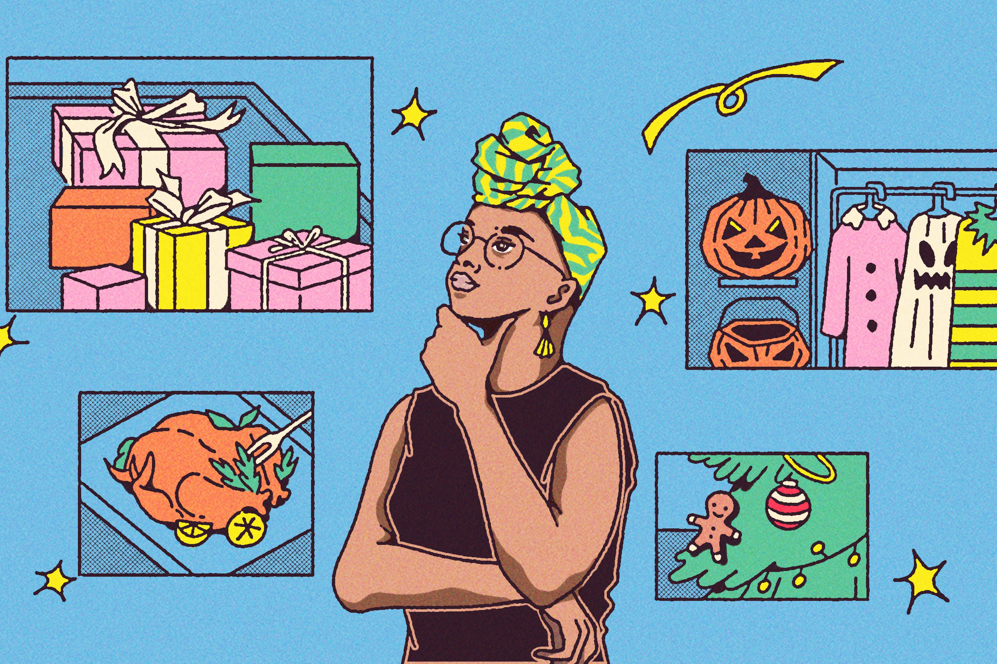 The holidays are supposed to be joyful, but a packed calendar of traditions and expectations can quickly feel overwhelming. (Illustration: Broly Su / AJC)
