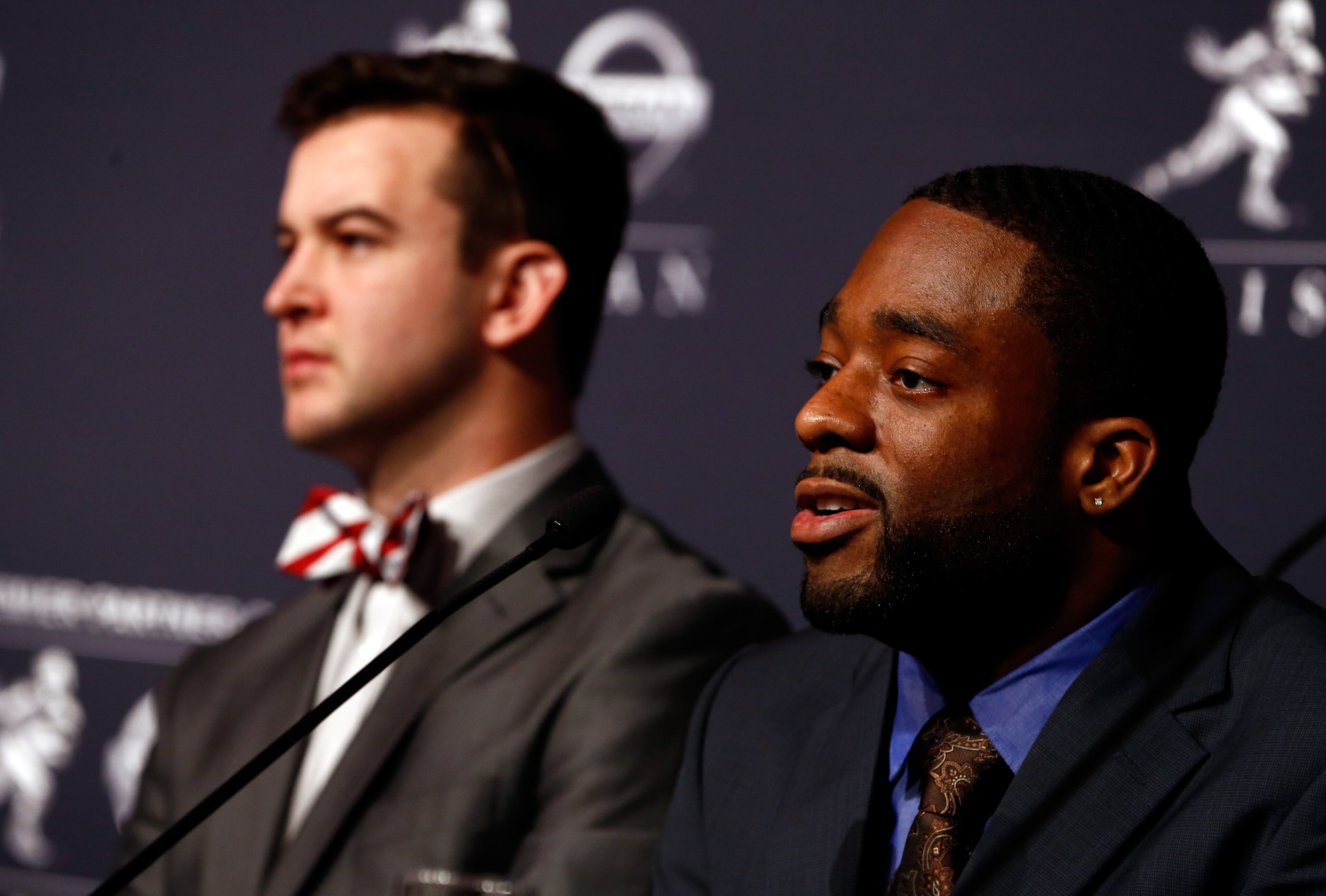 NEW YORK, NY - DECEMBER 14: (L-R) AJ McCarron of the Alabama Crimson Tide, Andre Williams, quarterback of the Boston College Eagles, speak to the media during a press conference prior to the 2013 Heisman Trophy Presentation at the Marriott Marquis on December 14, 2013 in New York City. (Photo by Jeff Zelevansky/Getty Images)