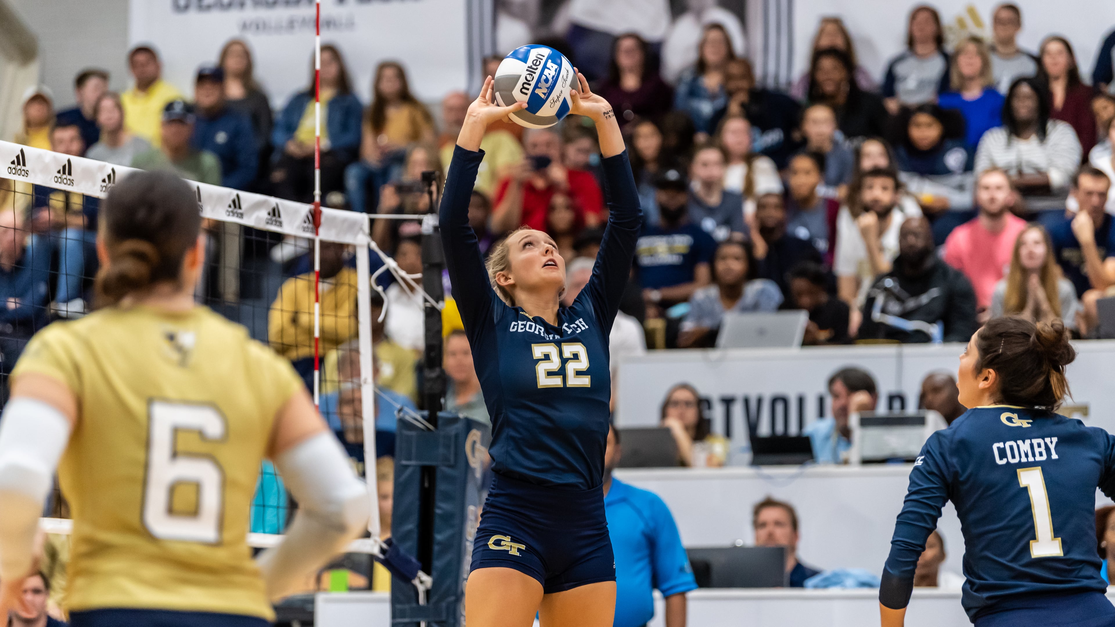 Georgia Tech setter Matti McKissock, here in a match against N.C. State on November 17, 2019, at O'Keefe Gymnasium, was named the ACC's setter of the year and first-team All-ACC on December 2, 2019. (Danny Karnik/Georgia Tech Athletics)