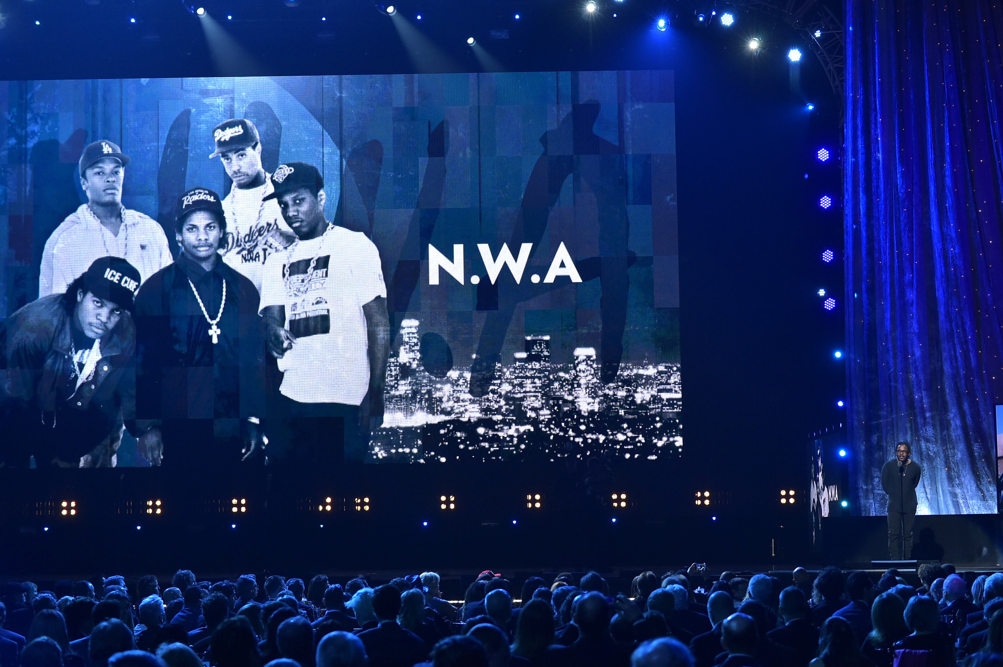 NEW YORK, NEW YORK - APRIL 08: Musician Kendrick Lamar inducts N.W.A. at the 31st Annual Rock And Roll Hall Of Fame Induction Ceremony at Barclays Center on April 8, 2016 in New York City. (Photo by Theo Wargo/Getty Images)